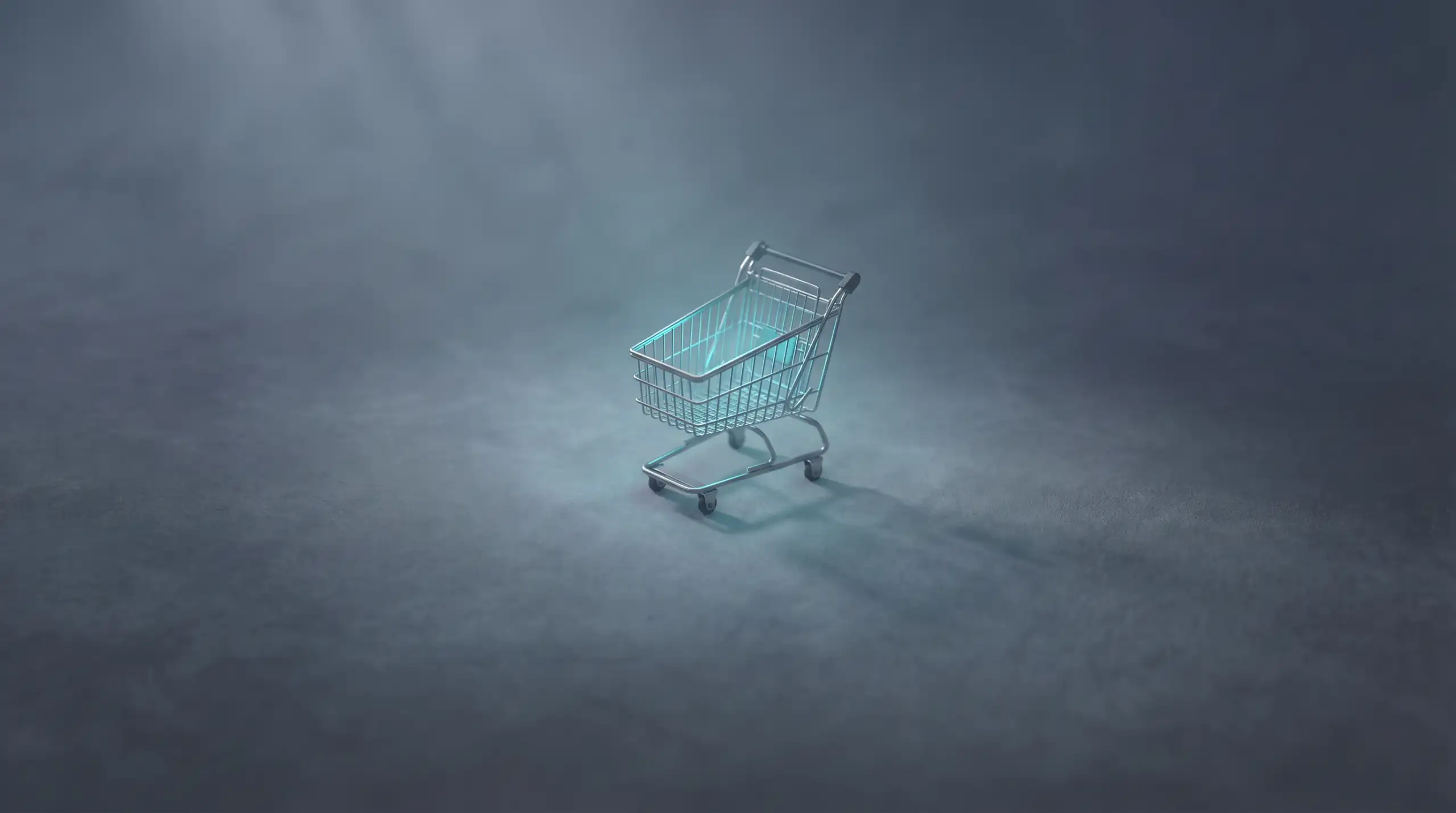 Petit caddie métallique au halo cyan posé sur un sol gris, symbole du coût d'un site e-commerce