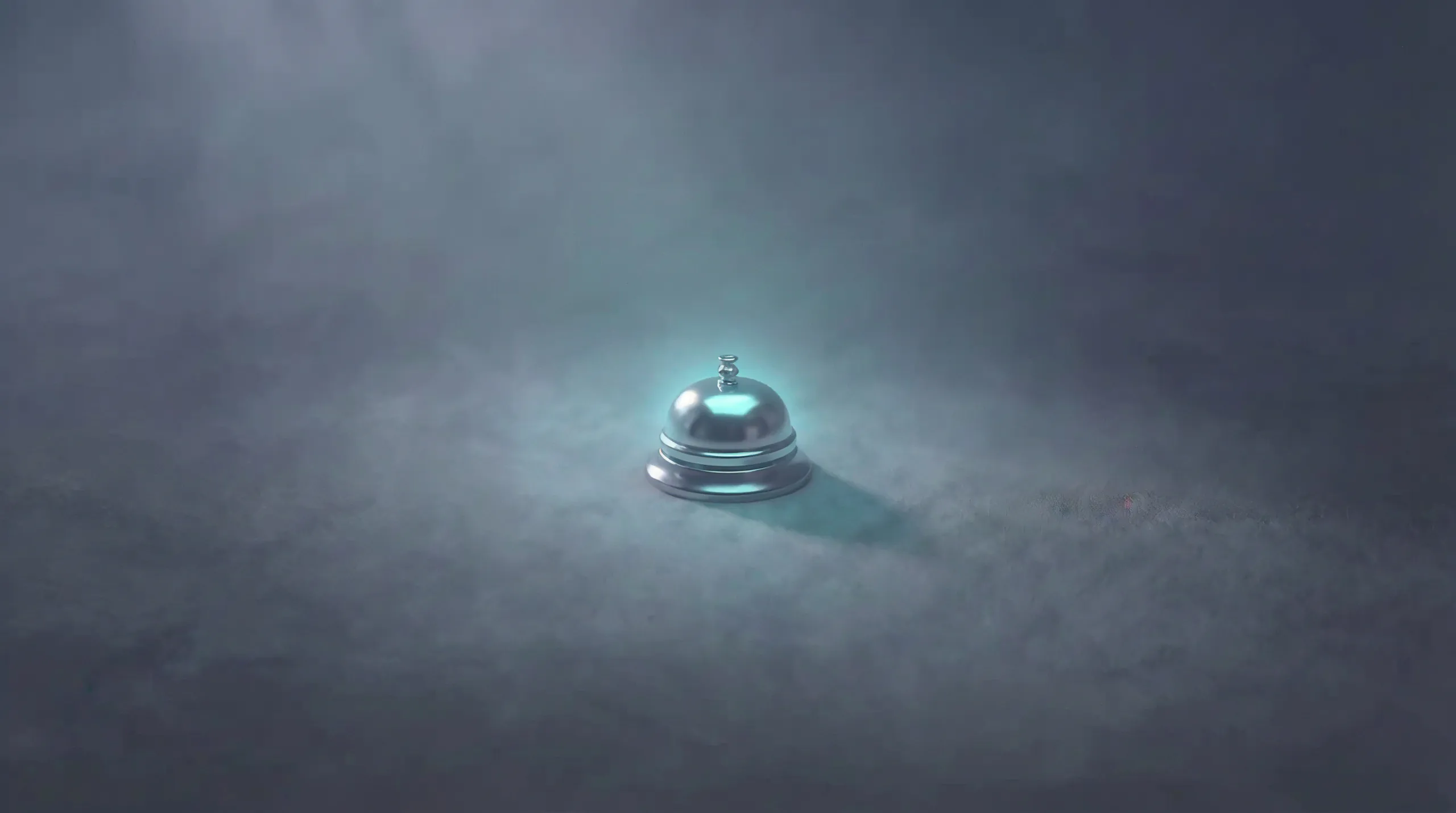 Sonnette de réception en métal chromé au halo cyan, posée sur un sol gris, image de la réservation en ligne
