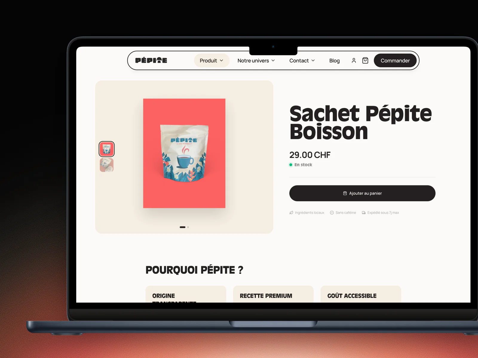 Site web de Pépite Boisson, réalisé par Bleeze