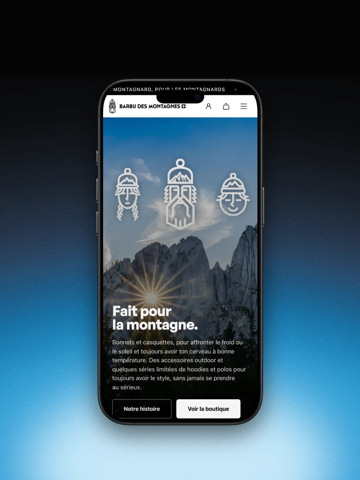 Site de Barbu des Montagnes (bonnets, casquettes et vêtements) affiché sur un iPhone