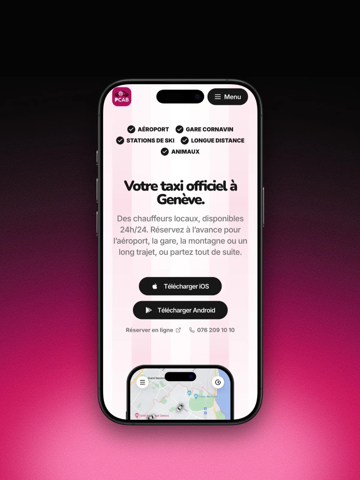 Site de PCAB Taxi Genève (transport de personnes) affiché sur un iPhone