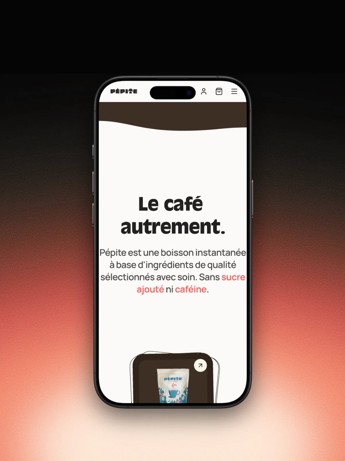 Site de Pépite Boisson (boissons et alimentation) affiché sur un iPhone