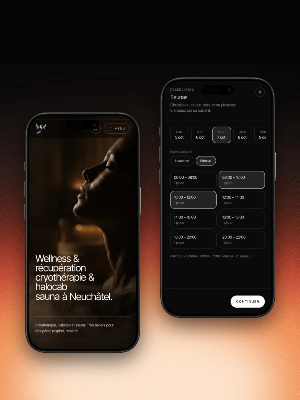 Site de Phenix Reload sur deux iPhone : l'accueil du centre de bien-être et le choix d'un créneau de sauna