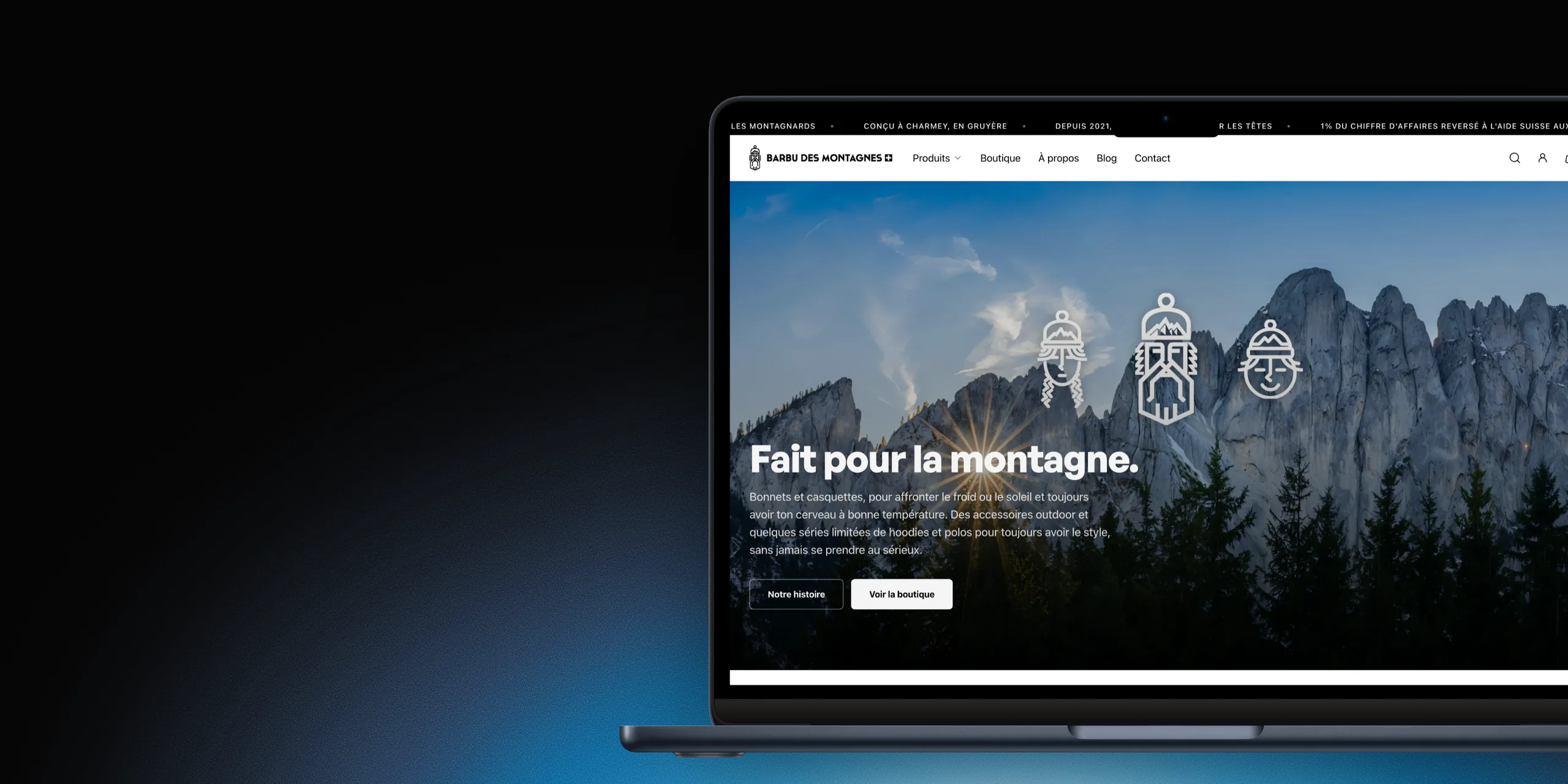 Page d'accueil de Barbu des Montagnes sur un MacBook : fait pour la montagne, avec les boutons vers la boutique et l'histoire