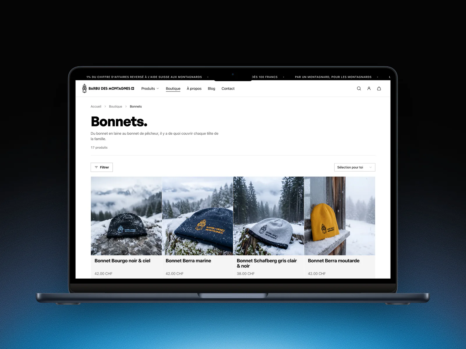 Page de la catégorie Bonnets de Barbu des Montagnes sur un MacBook, avec son texte et ses produits