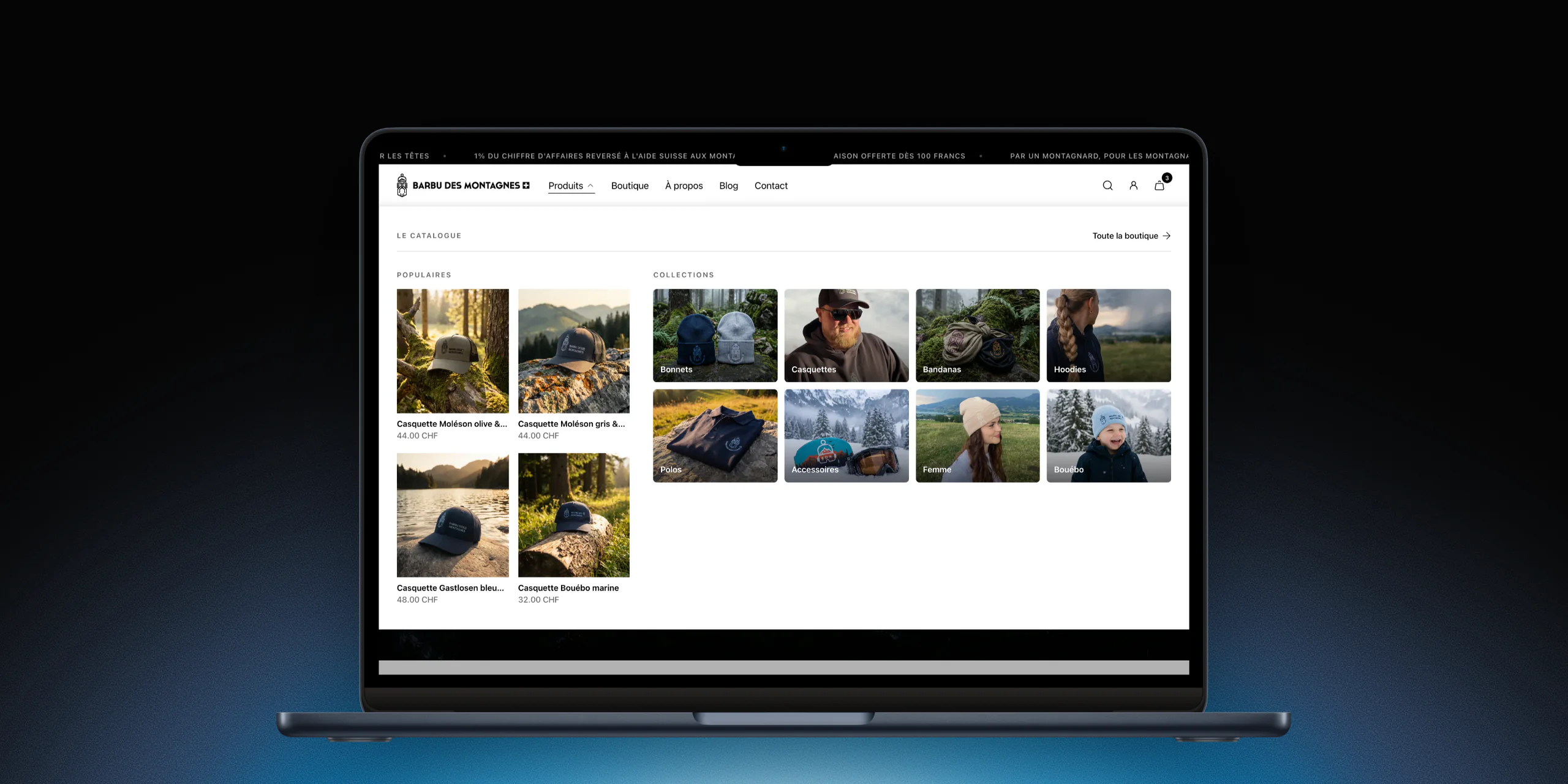 Menu Produits de Barbu des Montagnes ouvert sur un MacBook : meilleures ventes et collections