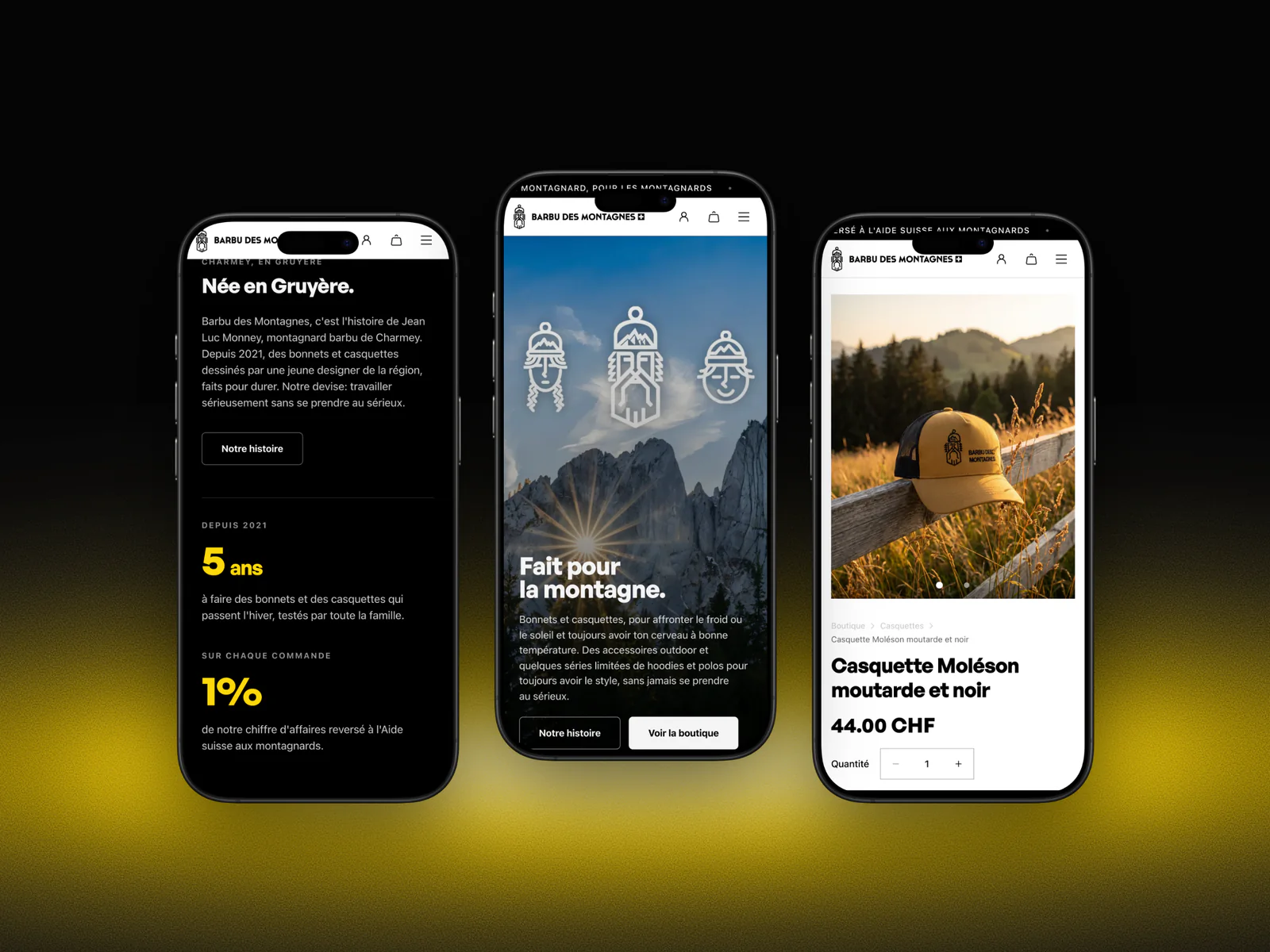 Trois pages de Barbu des Montagnes sur iPhone : née en Gruyère, l'accueil et la fiche d'une casquette