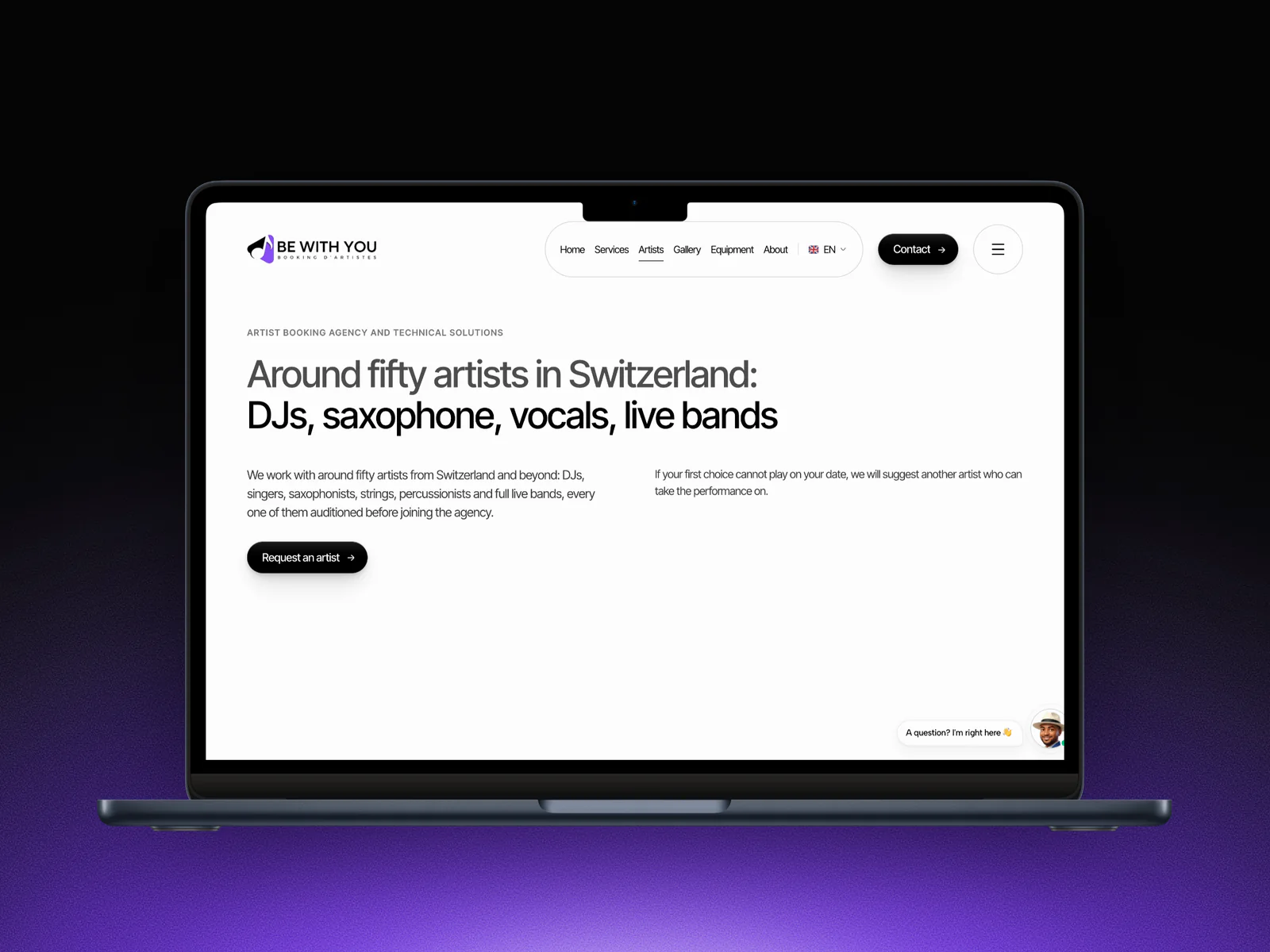 La page des artistes de Be With You Events en anglais sur un MacBook : Around fifty artists in Switzerland