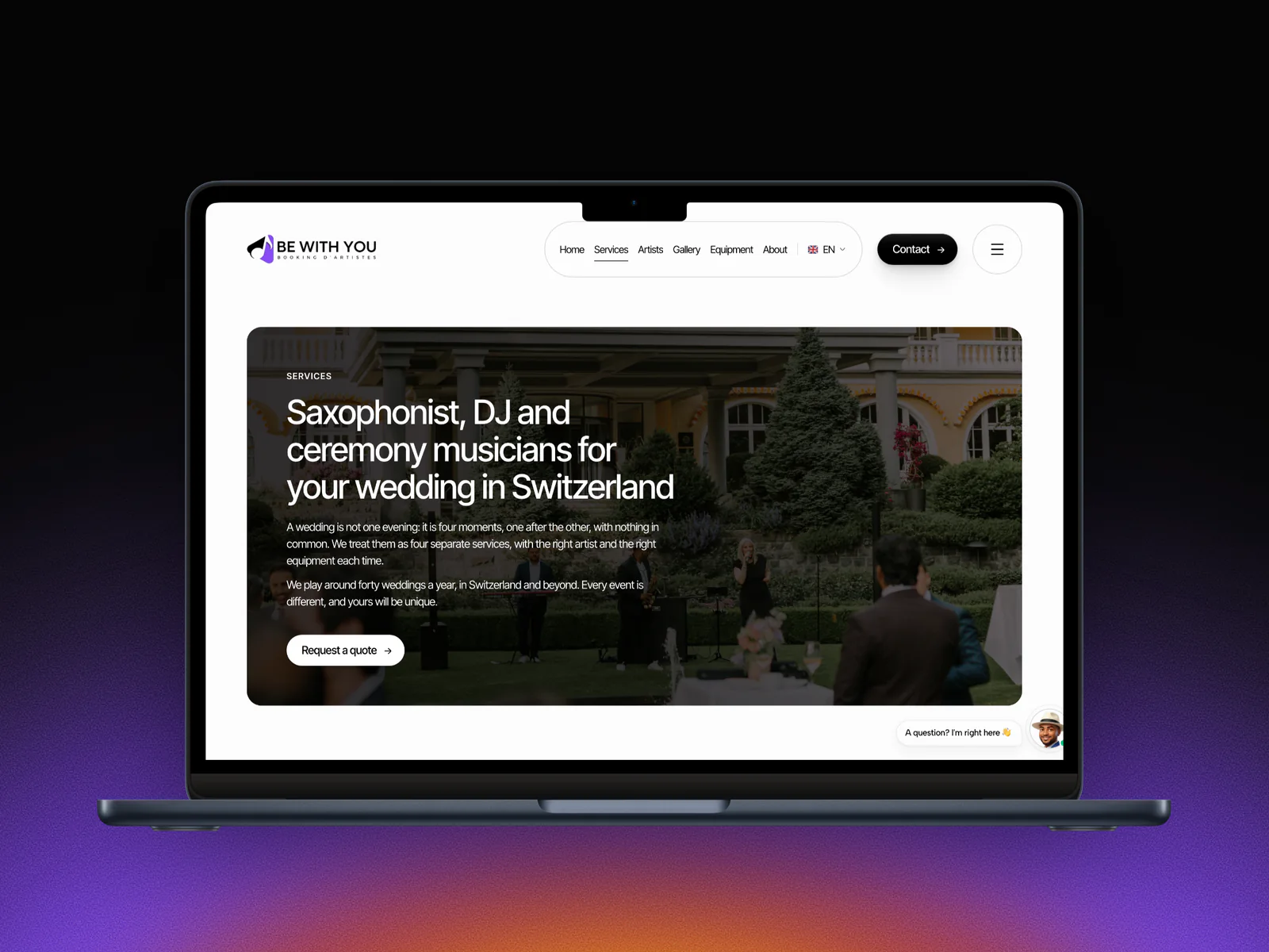 La page mariage de Be With You Events en anglais sur un MacBook : Saxophonist, DJ and ceremony musicians for your wedding in Switzerland