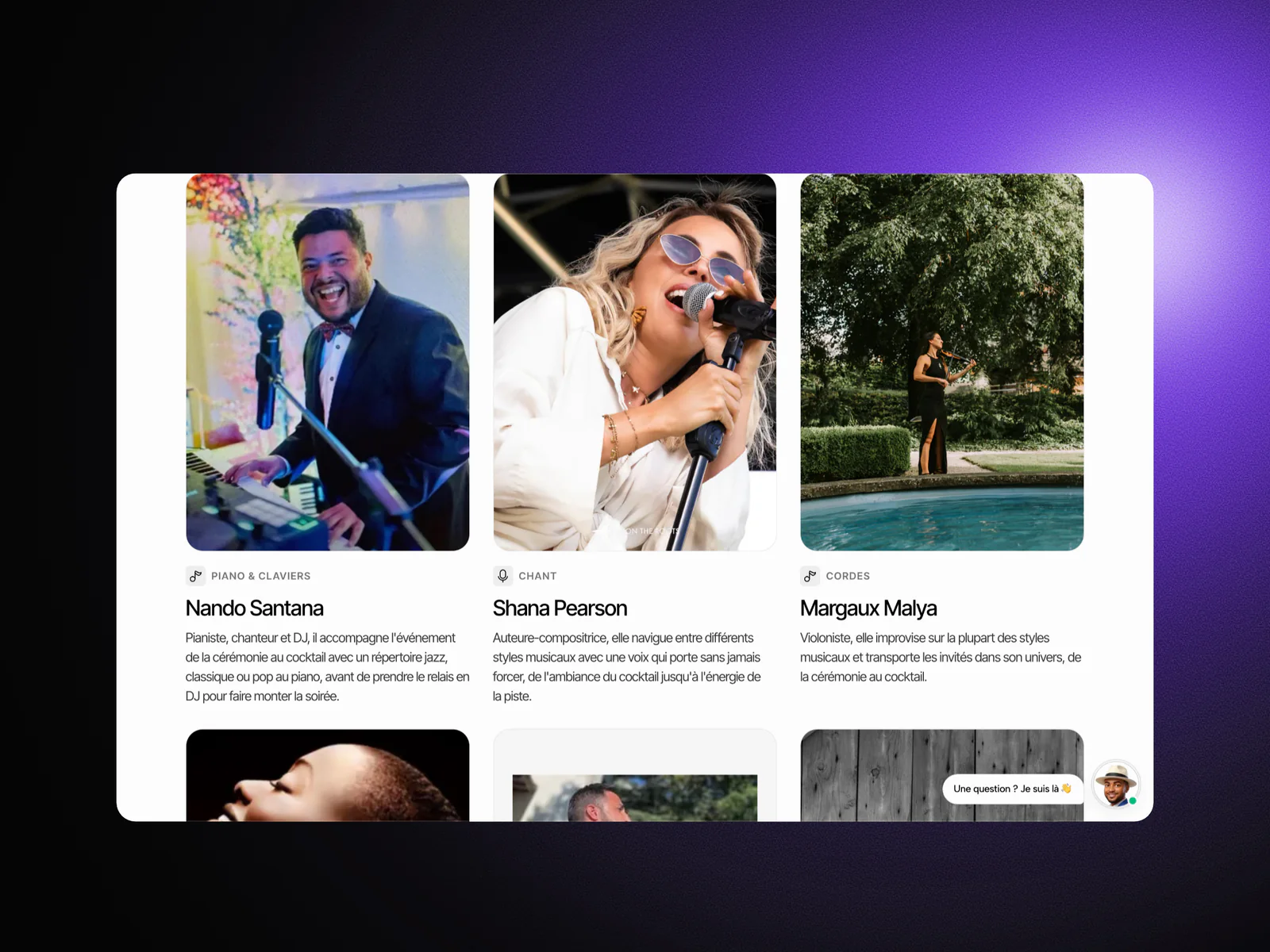 Grille des artistes de Be With You Events : un pianiste chanteur, une chanteuse et une violoniste, avec leur instrument et leur présentation