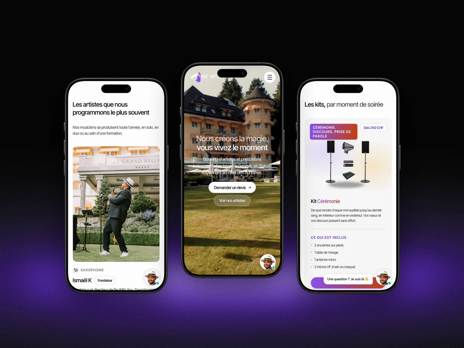 Trois pages du site Be With You Events sur iPhone : les artistes, l'accueil et les kits de matériel