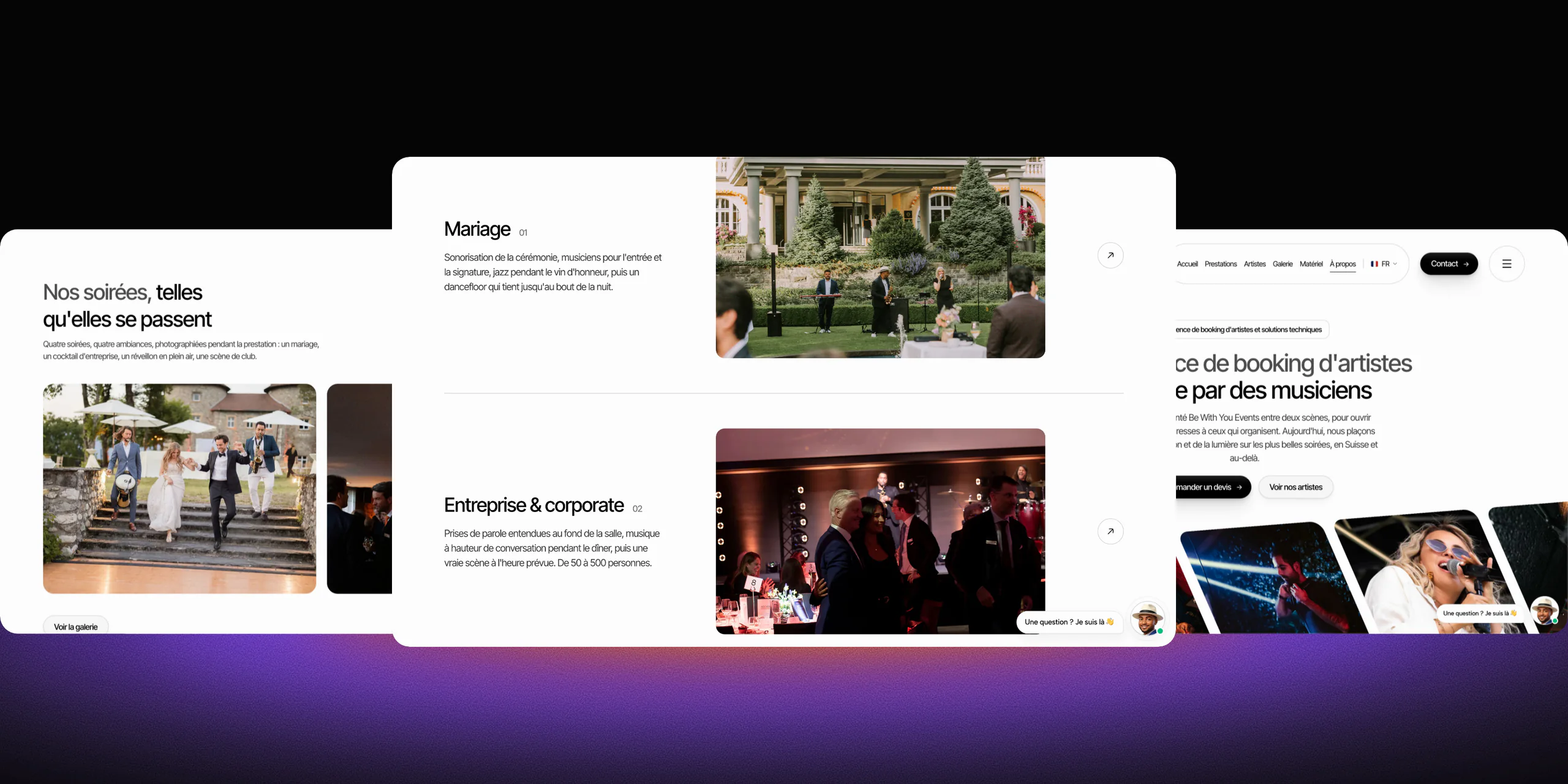 Trois pages du site Be With You Events côte à côte : les soirées en photos, les prestations et la présentation de l'agence