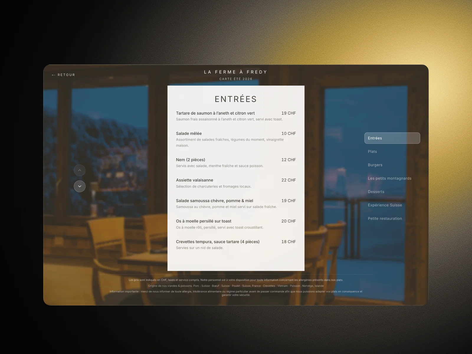 Carte interactive du restaurant La Ferme à Fredy : les entrées et leurs prix, sur fond de salle panoramique