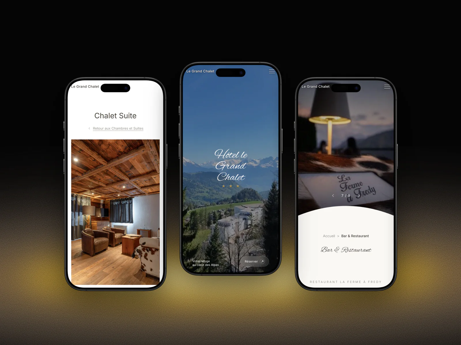 Trois pages du site du Grand Chalet sur iPhone : la Chalet Suite, l'accueil et le bar-restaurant