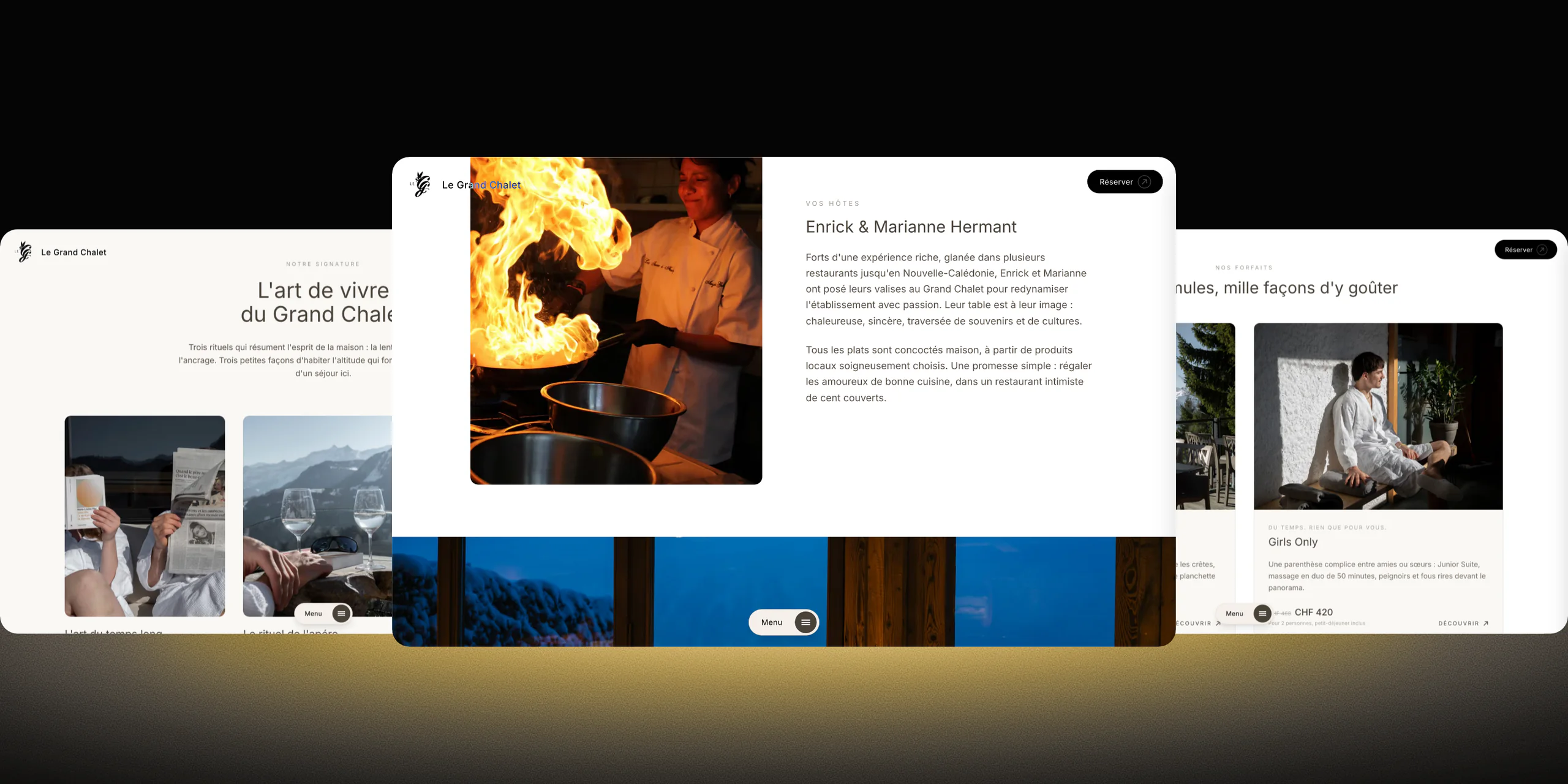 Trois pages du site du Grand Chalet côte à côte : l'art de vivre de la maison, les hôtes du restaurant et les forfaits