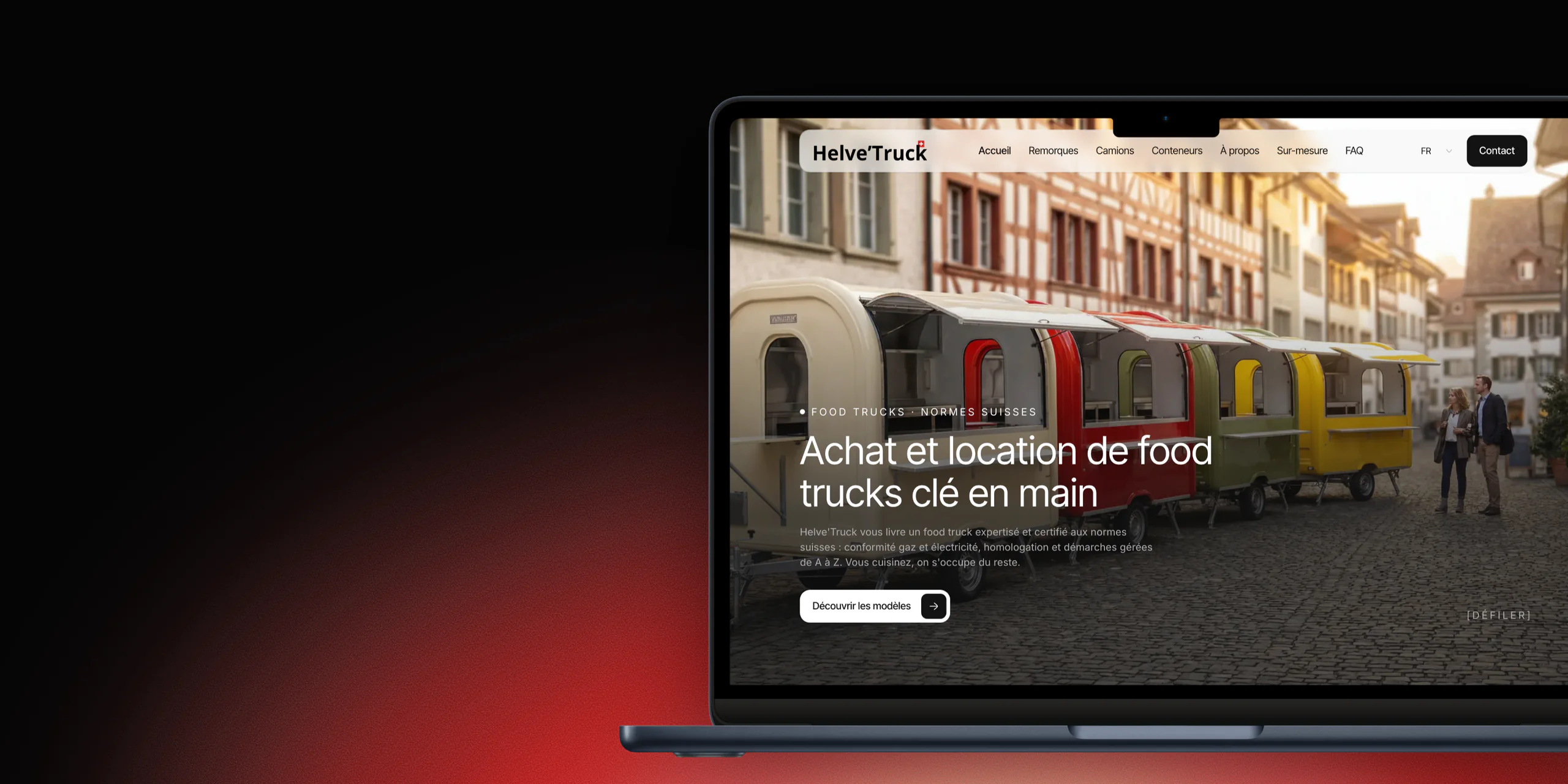 Page d'accueil du site Helve'Truck sur un MacBook : achat et location de food trucks clé en main