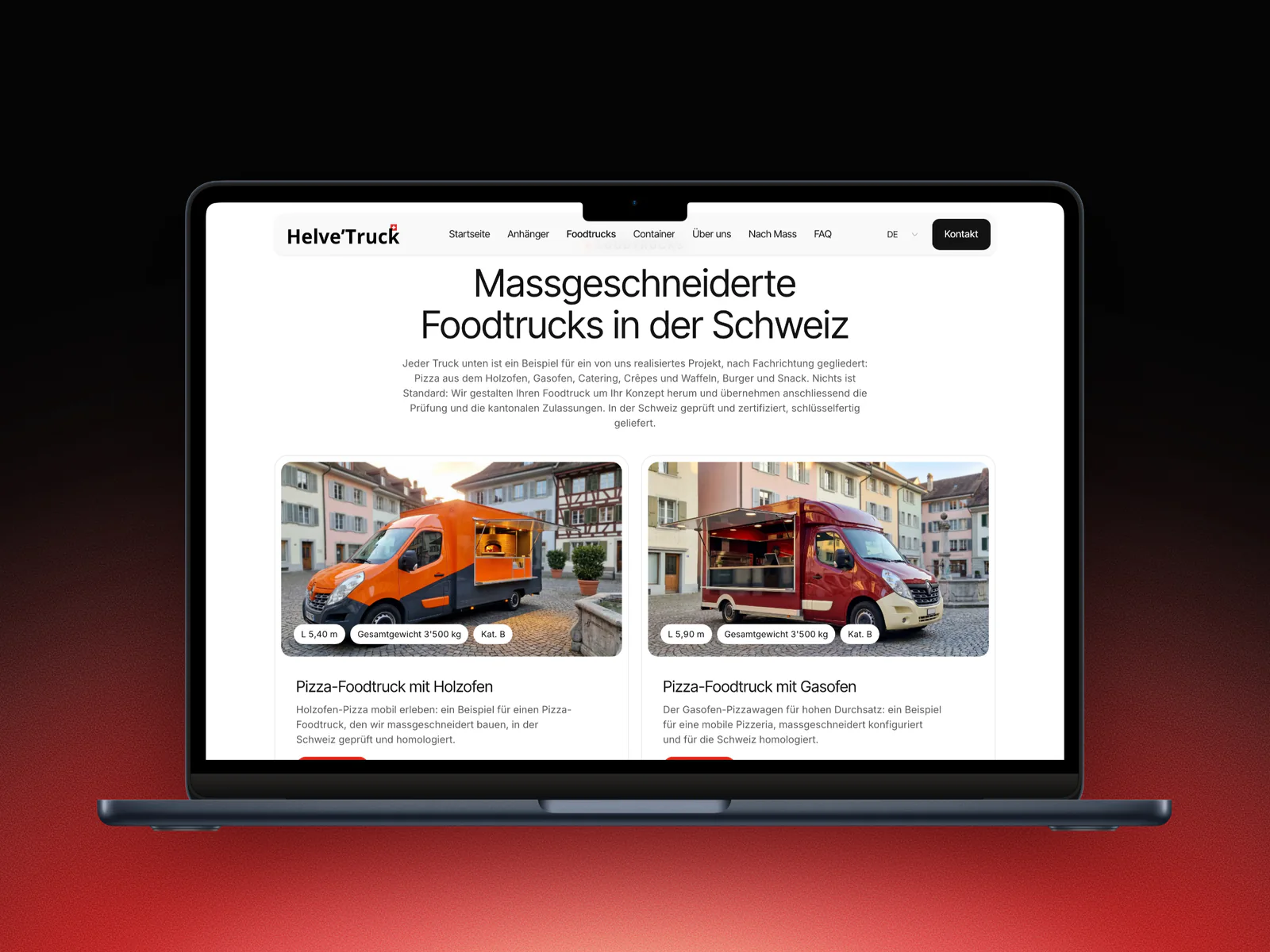 La page des food trucks Helve'Truck en allemand sur un MacBook : Massgeschneiderte Foodtrucks in der Schweiz