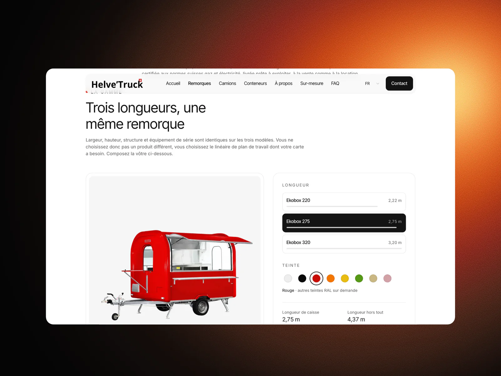 Configurateur de remorque Helve'Truck : une remorque rouge, le choix de la longueur et de la teinte