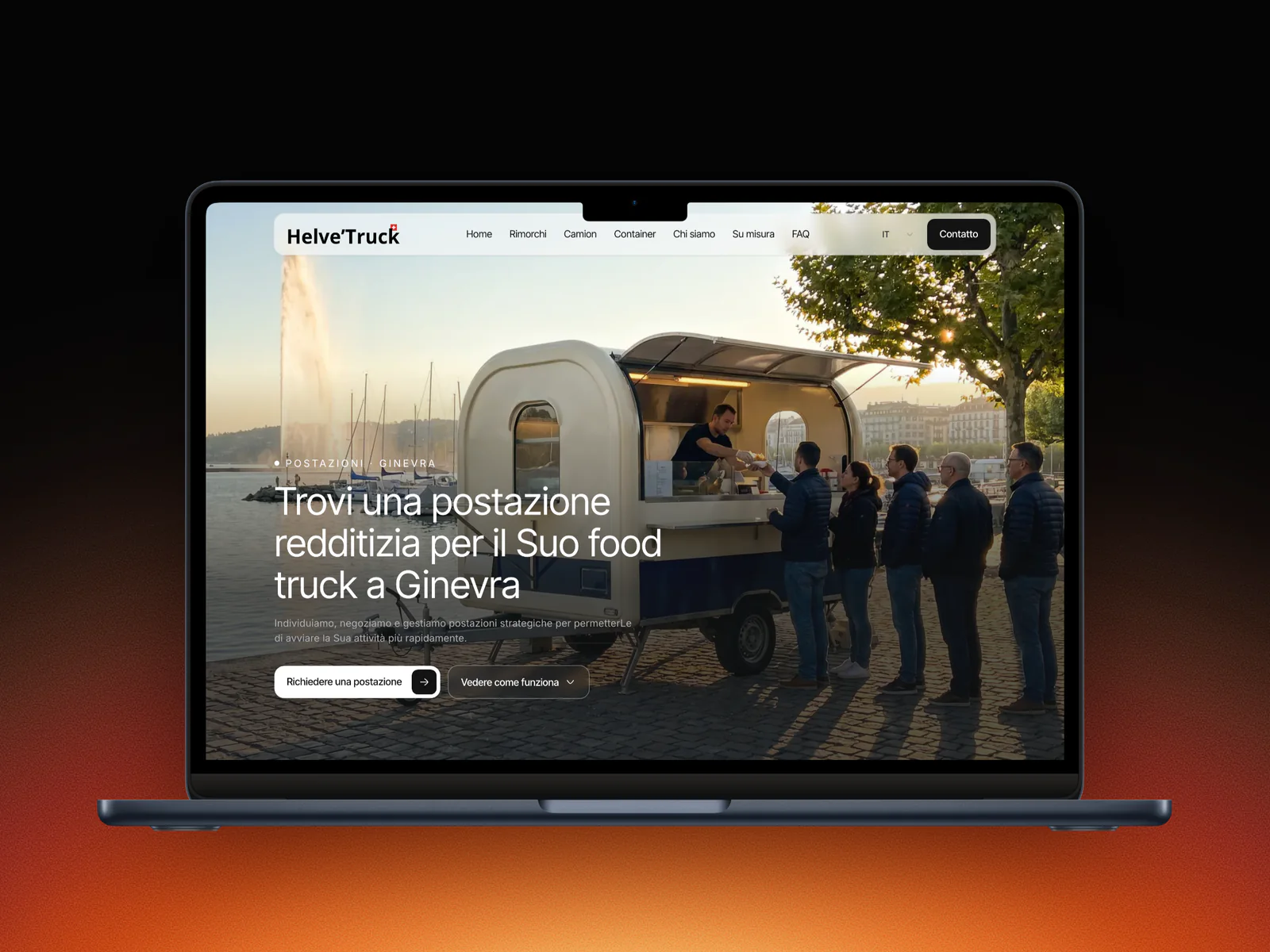 La page Helve'Truck des emplacements à Genève en italien sur un MacBook : Trovi una postazione redditizia per il Suo food truck
