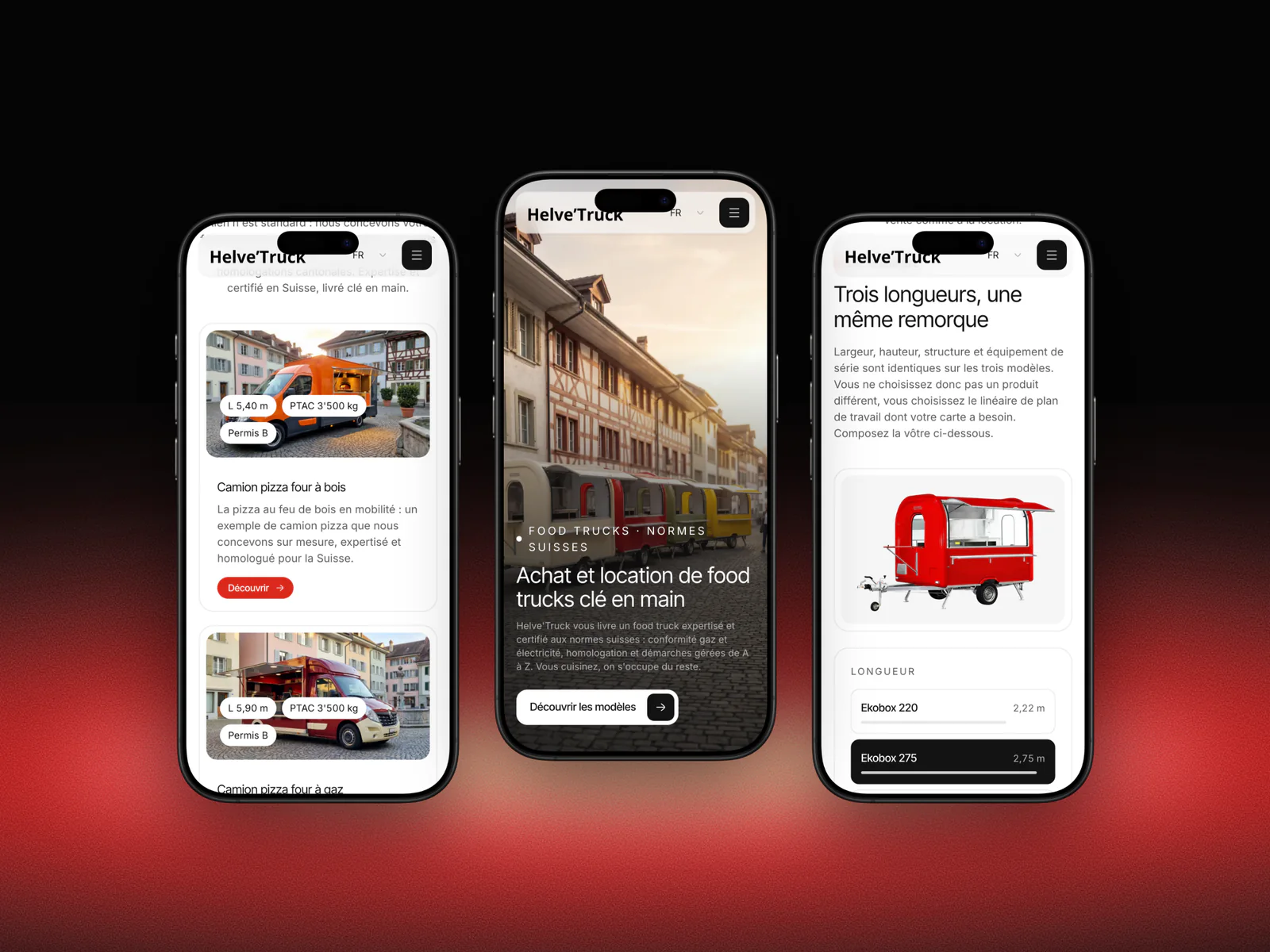 Trois pages du site Helve'Truck sur iPhone : l'accueil, le catalogue des camions et le configurateur