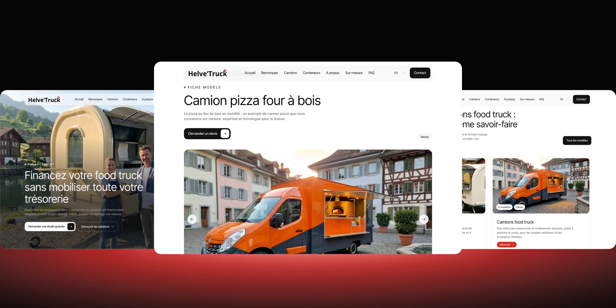 Trois pages du site Helve'Truck côte à côte : le financement, la fiche d'un camion pizza et le catalogue des food trucks