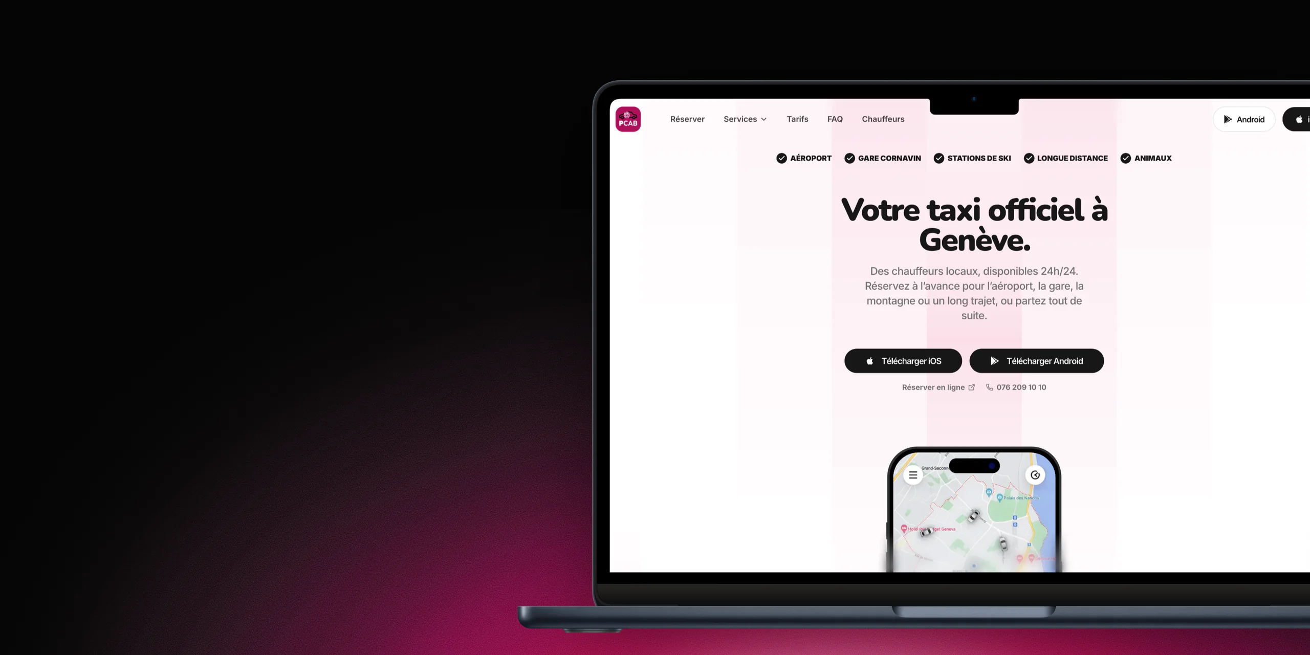 Page d'accueil de PCAB sur un MacBook : votre taxi officiel à Genève, avec les boutons pour télécharger l'application
