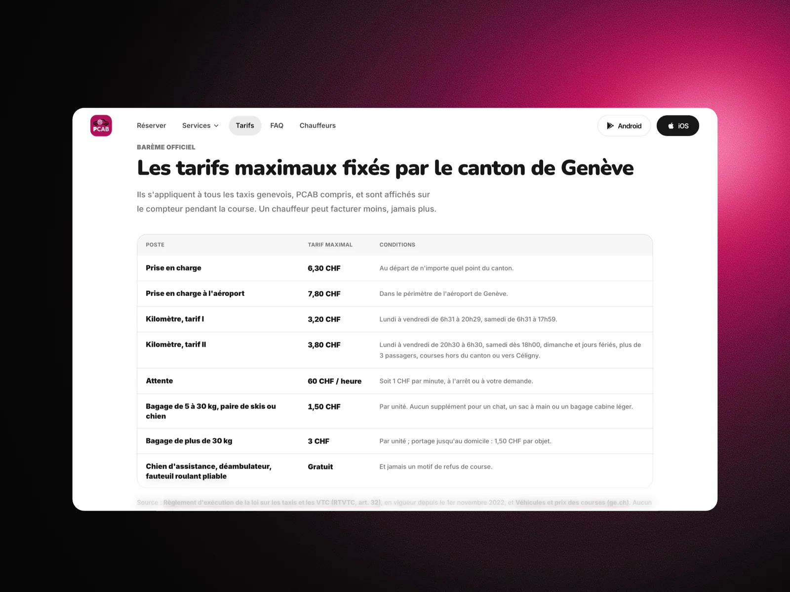 Tableau des tarifs maximaux fixés par le canton de Genève sur le site PCAB