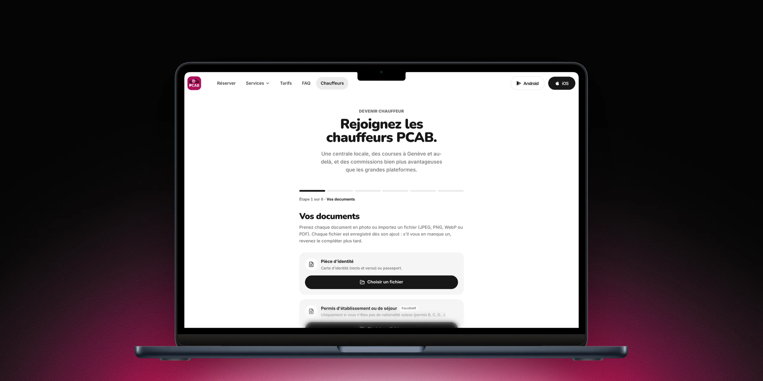 Formulaire d'inscription des chauffeurs PCAB sur un MacBook : étape 1, vos documents
