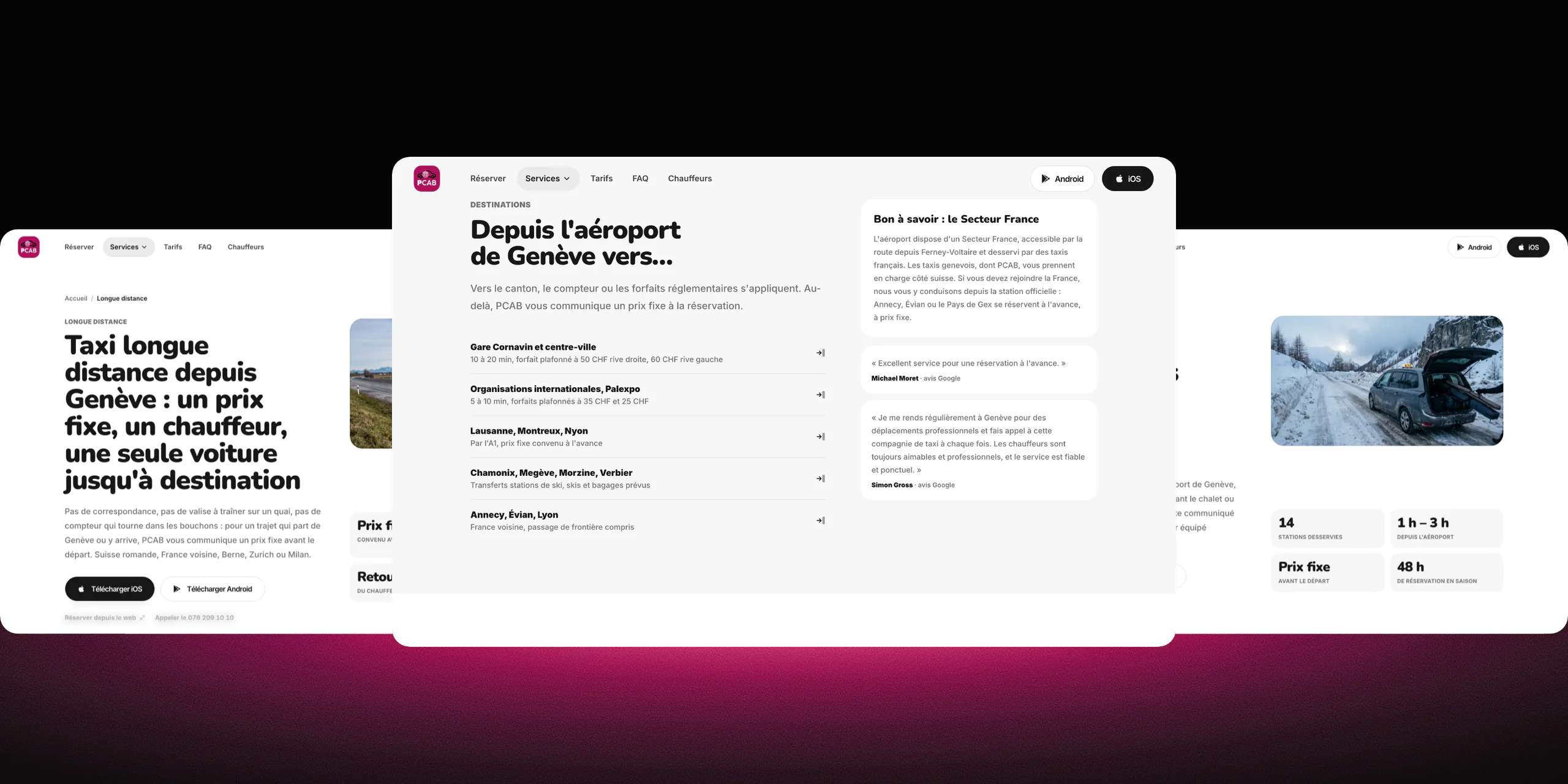 Trois pages du site PCAB côte à côte : la longue distance, les destinations depuis l'aéroport et les stations de ski