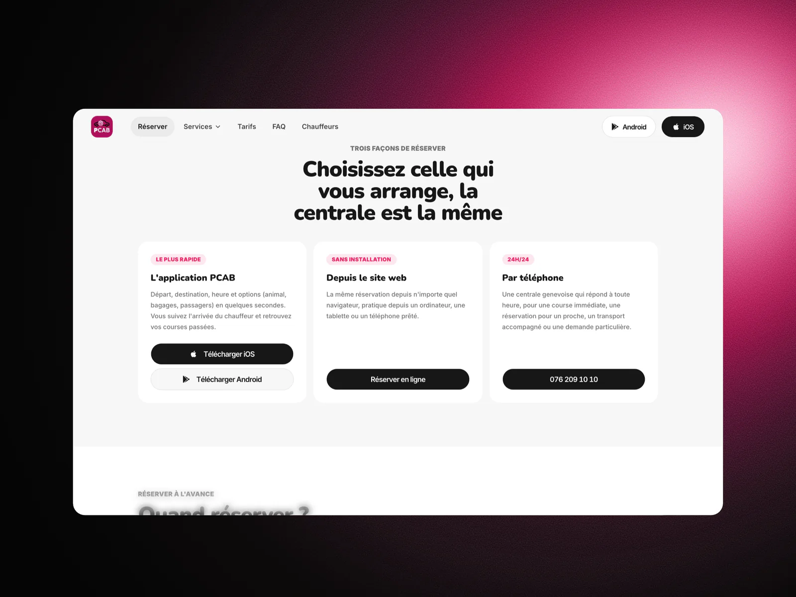 Section Choisissez celle qui vous arrange : réserver par l'application, sur le site web ou par téléphone