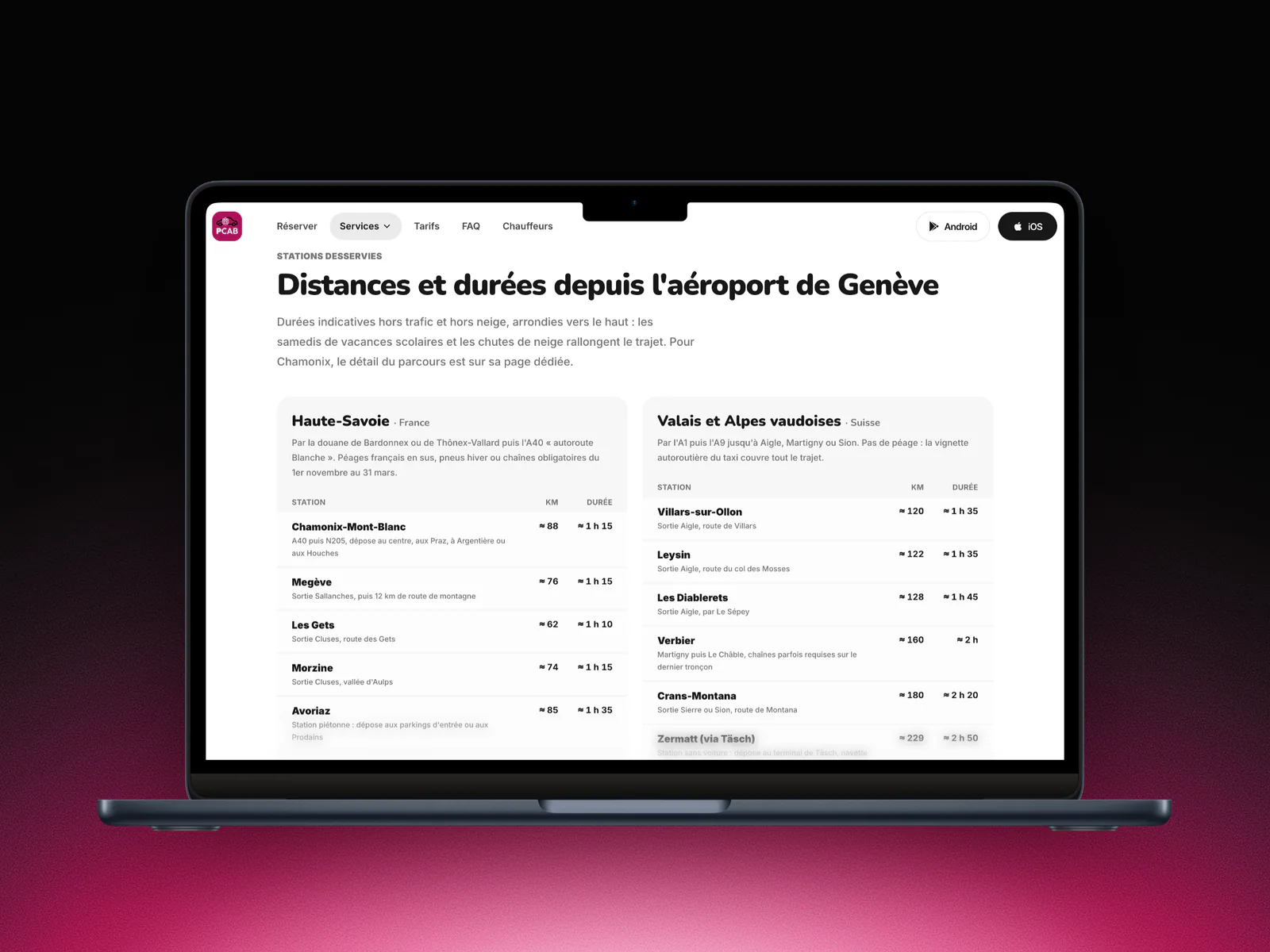 Tableau des distances et durées entre l'aéroport de Genève et les stations de ski, sur un MacBook