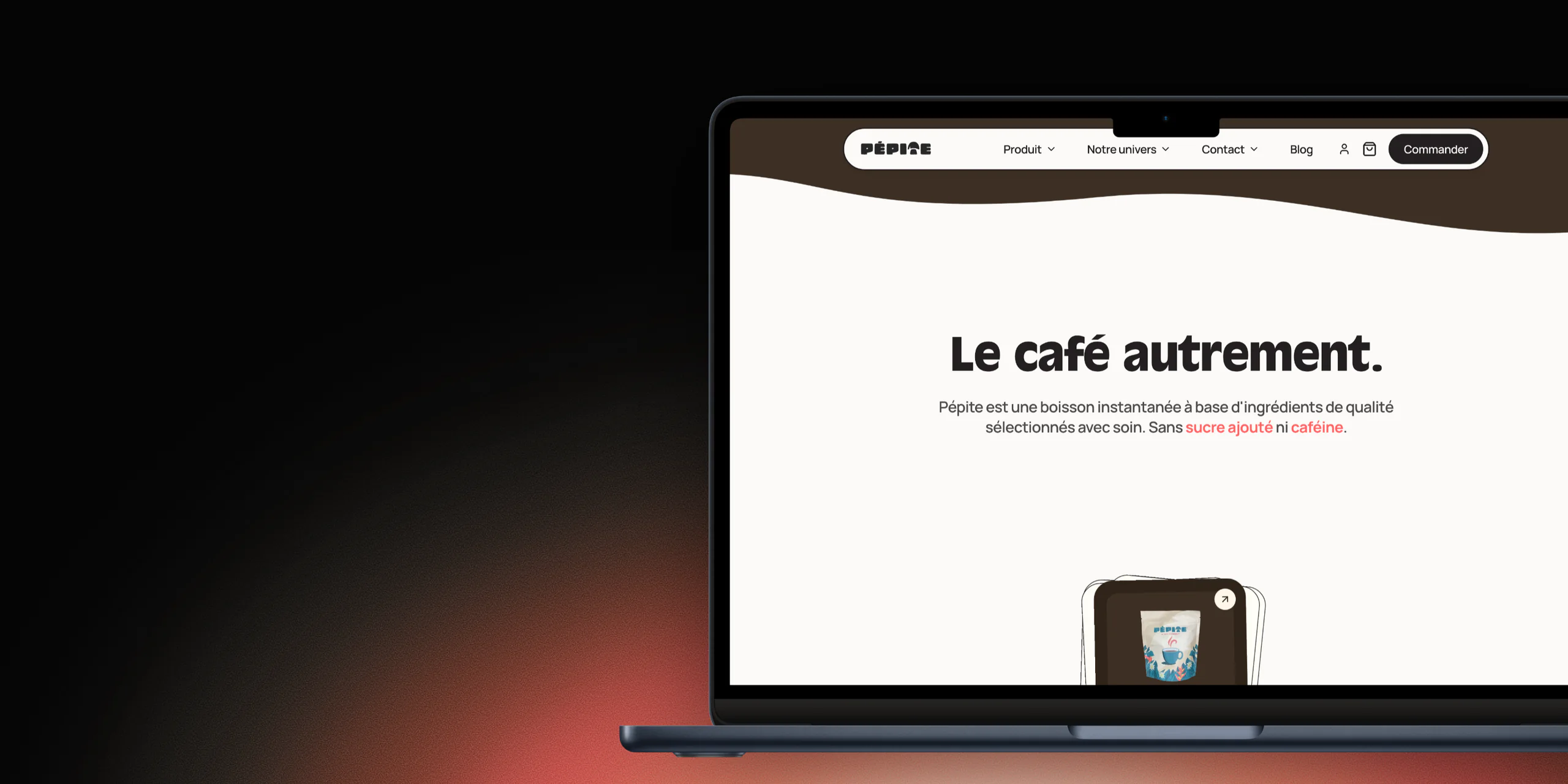 Page d'accueil de Pépite Boisson sur un MacBook : le café autrement, sans sucre ajouté ni caféine