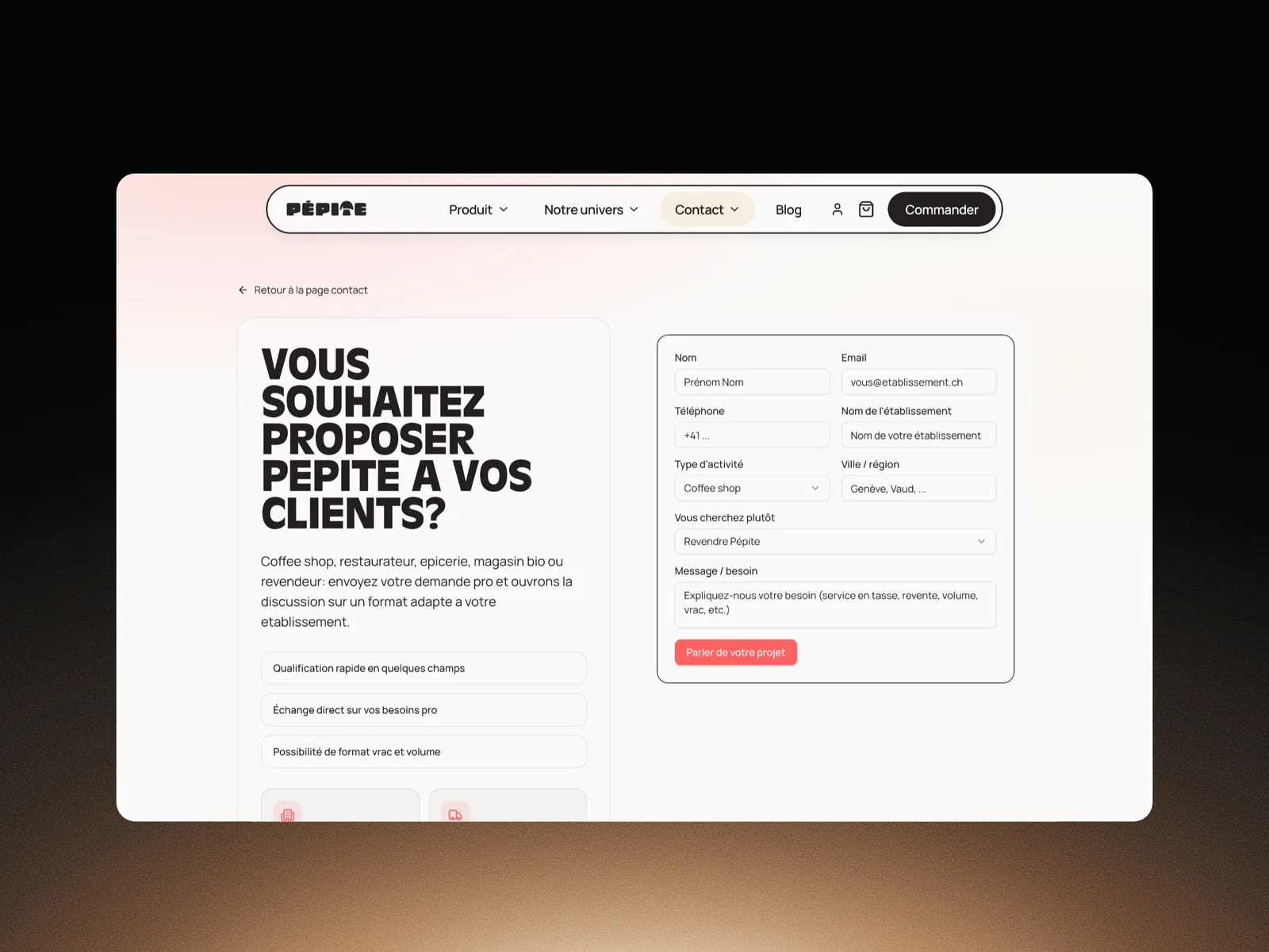 Formulaire professionnel de Pépite : type d'établissement, ville et besoin pour proposer Pépite à ses clients