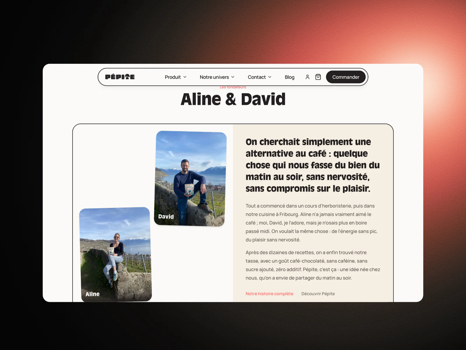 Section Aline et David de la boutique Pépite : photos des fondateurs et leur histoire