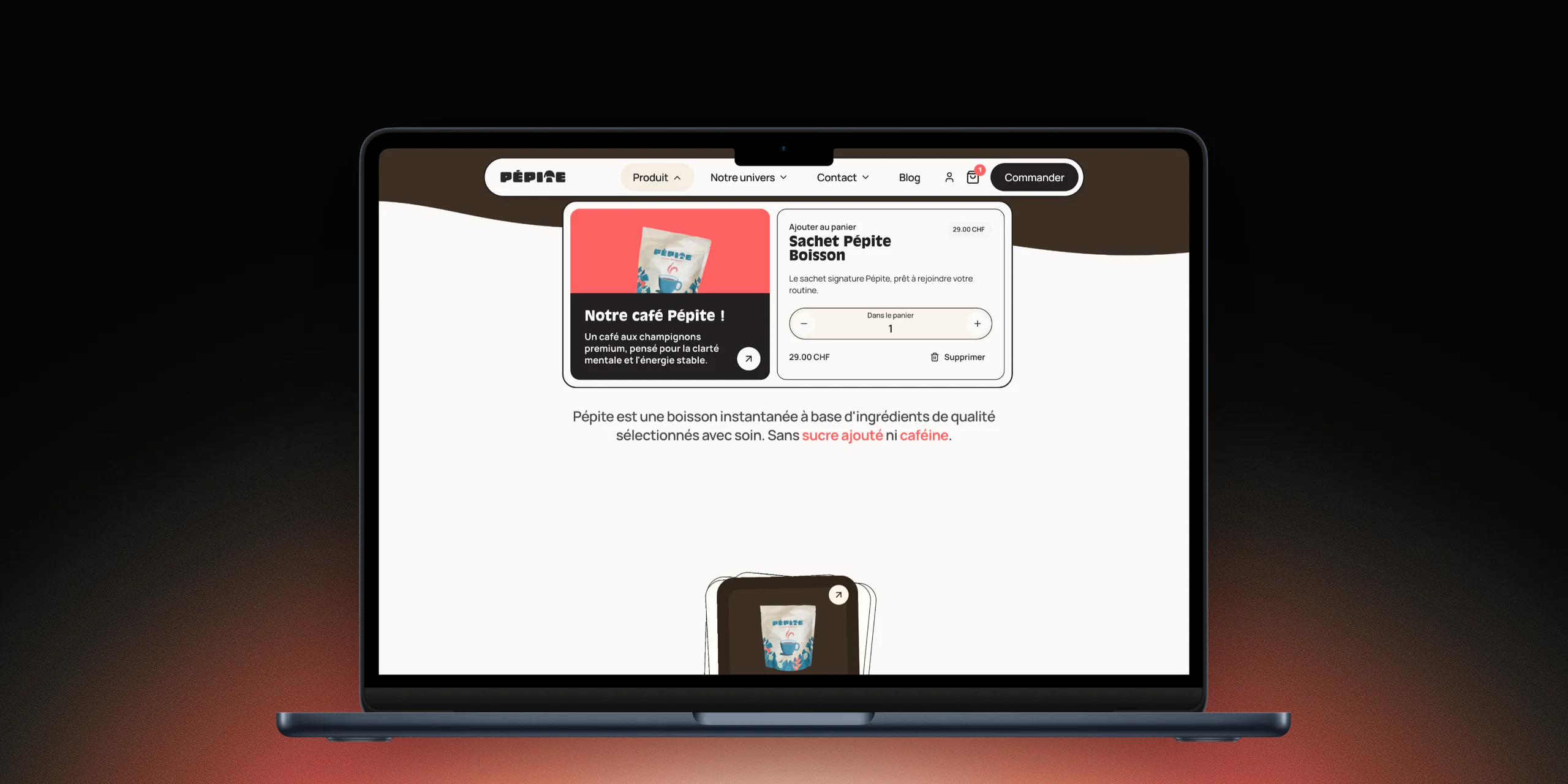 Menu Produit de la boutique Pépite ouvert sur un MacBook, avec le bouton pour ajouter le sachet au panier