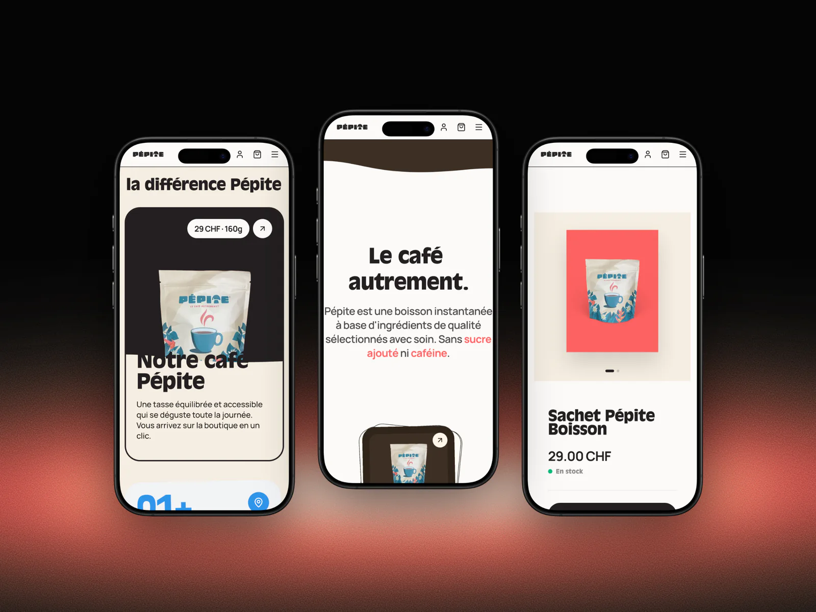Trois pages de la boutique Pépite sur iPhone : la différence Pépite, l'accueil et la fiche produit