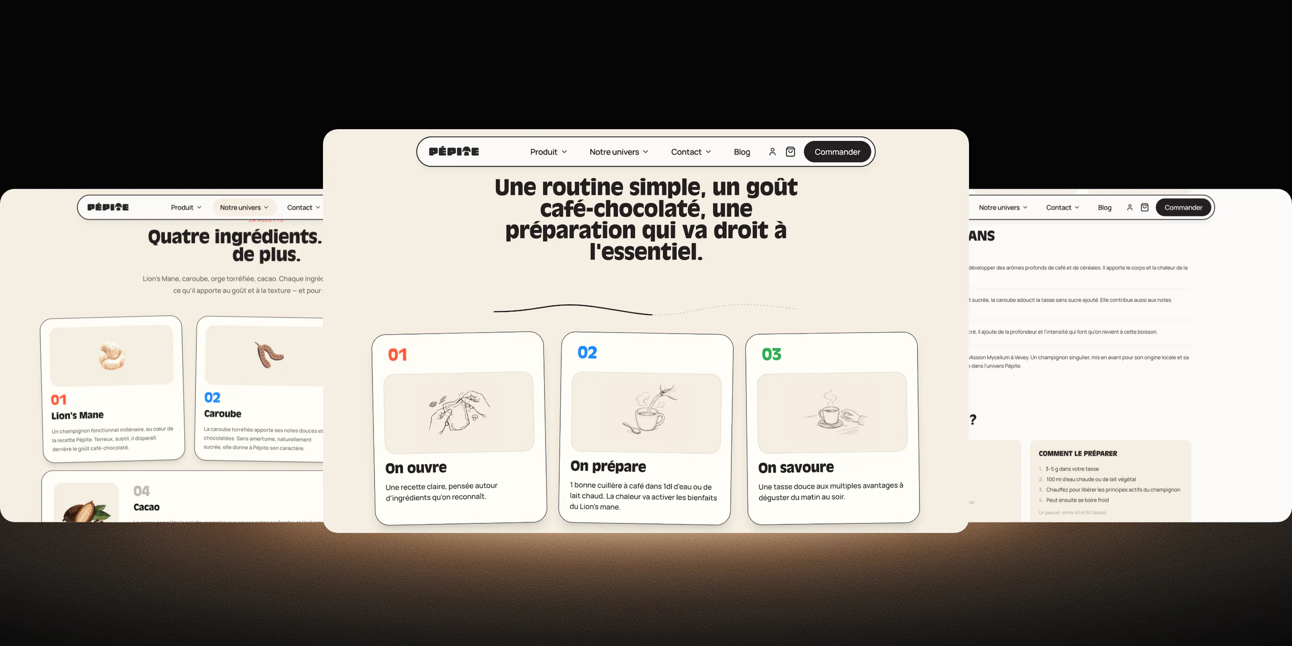 Trois pages de la boutique Pépite côte à côte : les quatre ingrédients, la routine en trois étapes et la composition du sachet