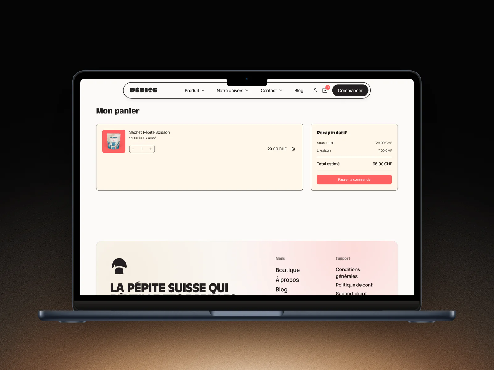 Page Mon panier de la boutique Pépite sur un MacBook, avec le récapitulatif et les frais de livraison