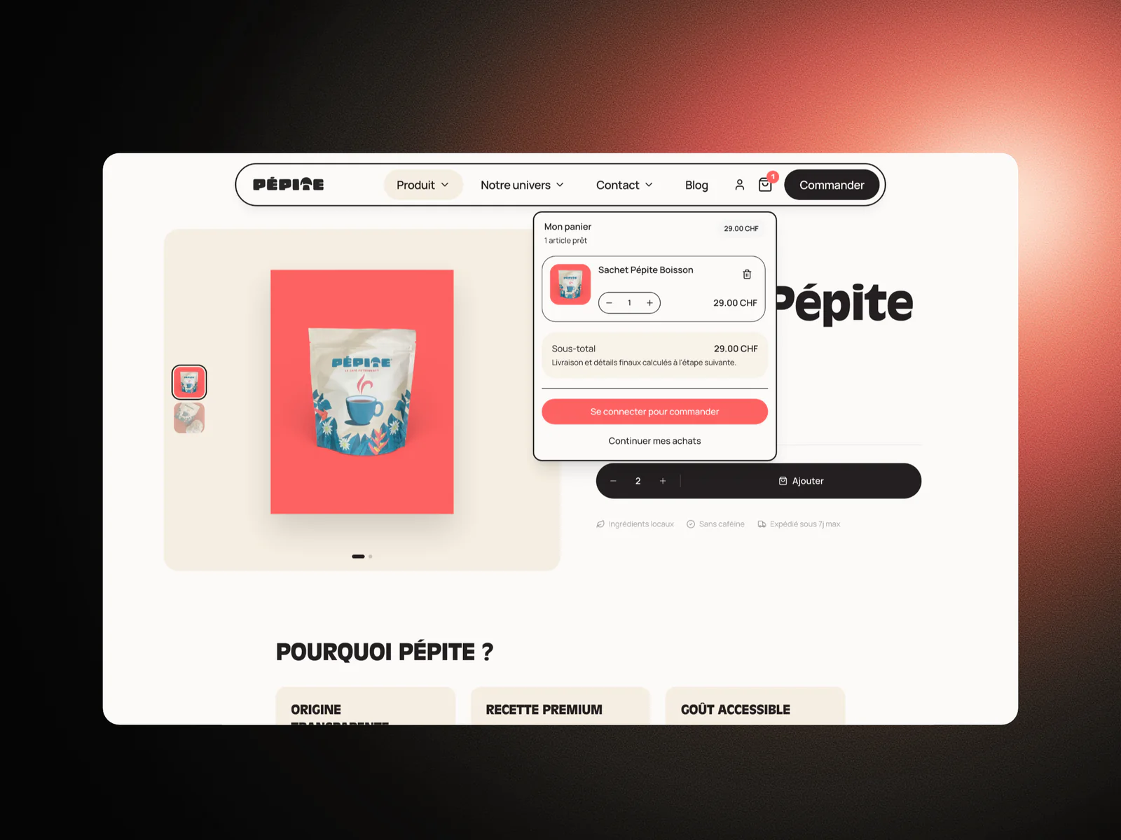 Fiche produit Pépite avec le panier déroulant ouvert : le sachet, la quantité et le sous-total