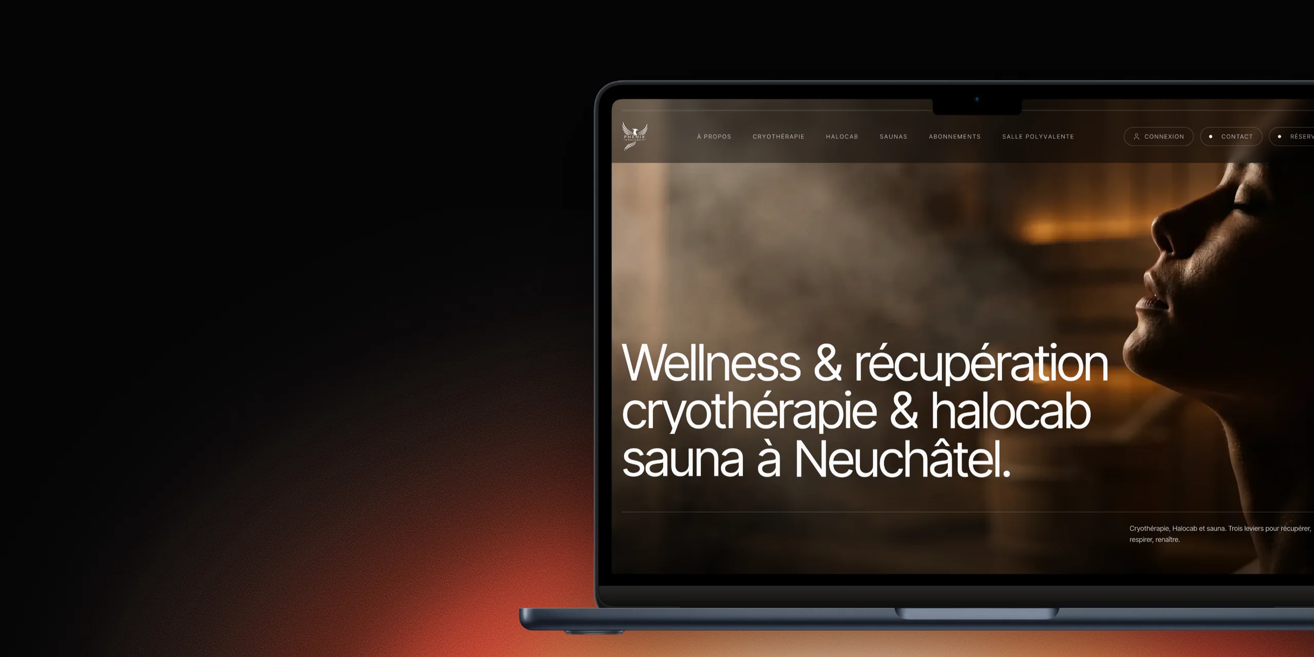 Page d'accueil de Phenix Reload sur un MacBook : wellness et récupération, cryothérapie, Halocab et sauna à Neuchâtel