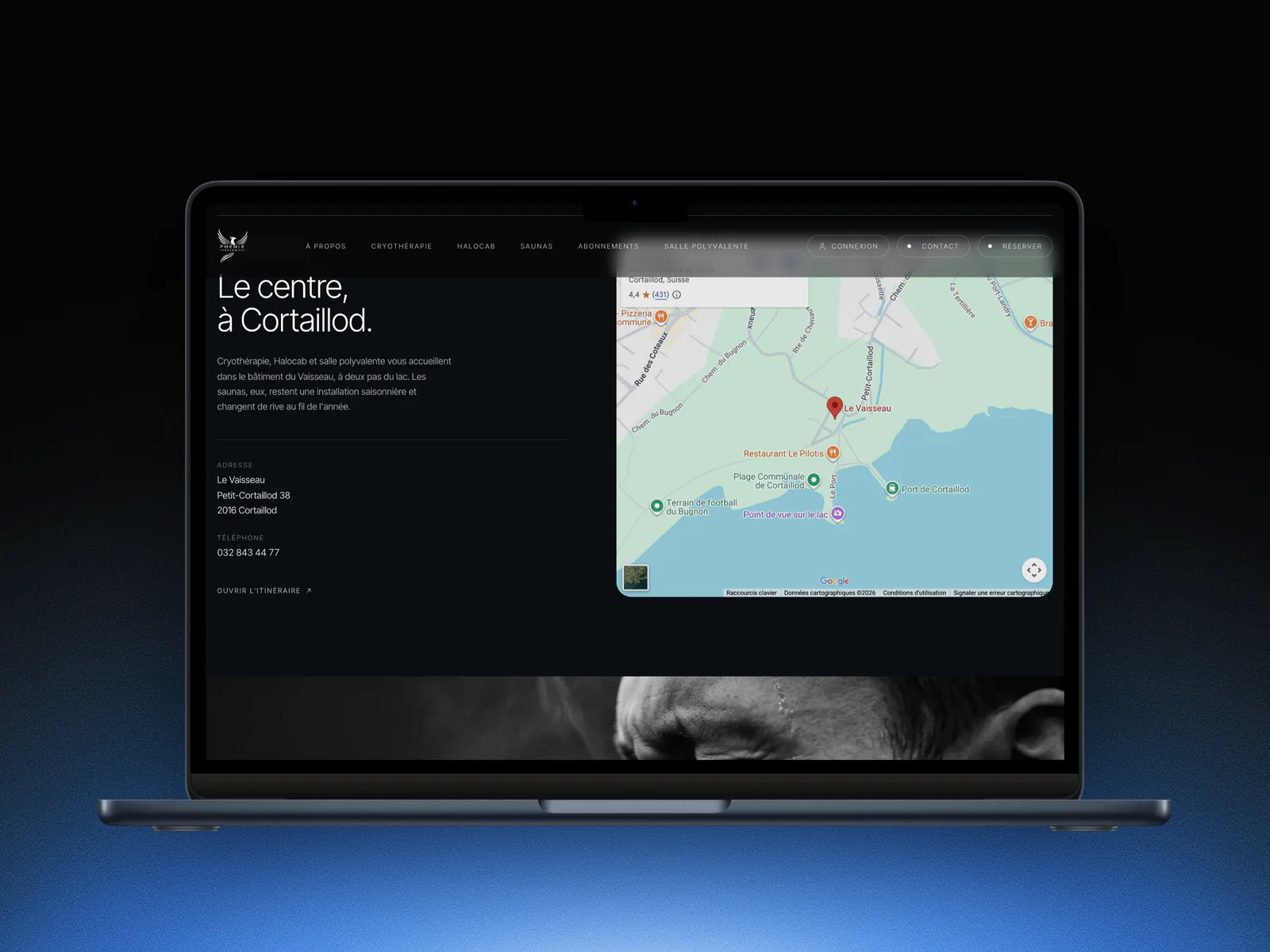 Section Le centre, à Cortaillod sur un MacBook : l'adresse du centre et la carte au bord du lac de Neuchâtel
