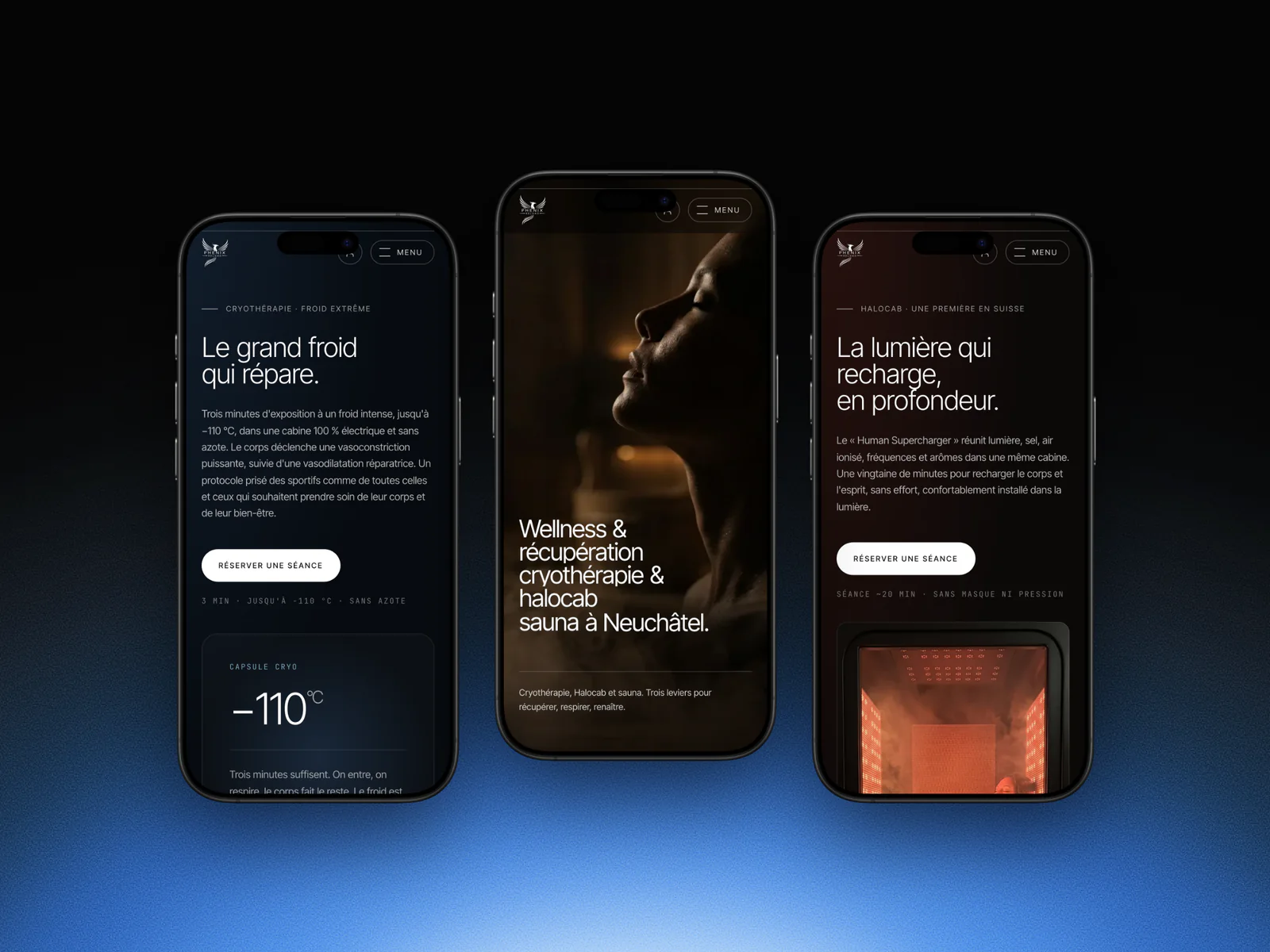 Trois pages du site Phenix Reload sur iPhone : la cryothérapie, l'accueil et l'Halocab