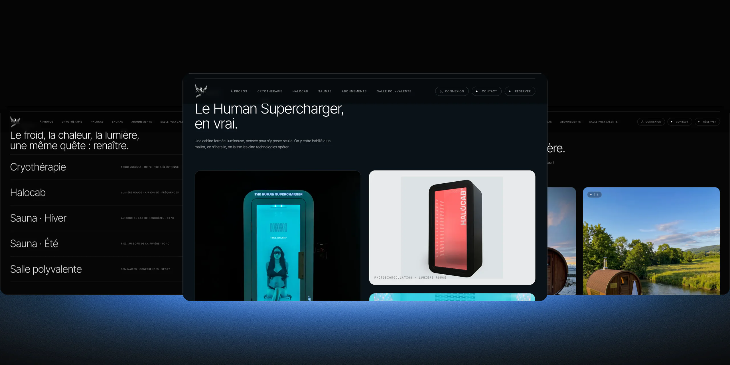 Trois pages du site Phenix Reload côte à côte : la liste des soins, le Human Supercharger et les saunas au bord du lac et de la rivière