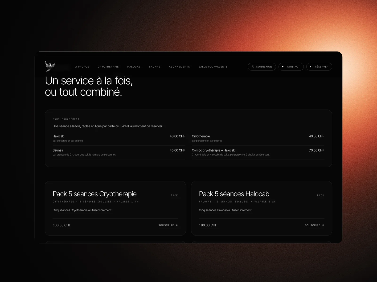Grille des tarifs Phenix Reload : séances à l'unité, combo cryothérapie et Halocab, packs de cinq séances