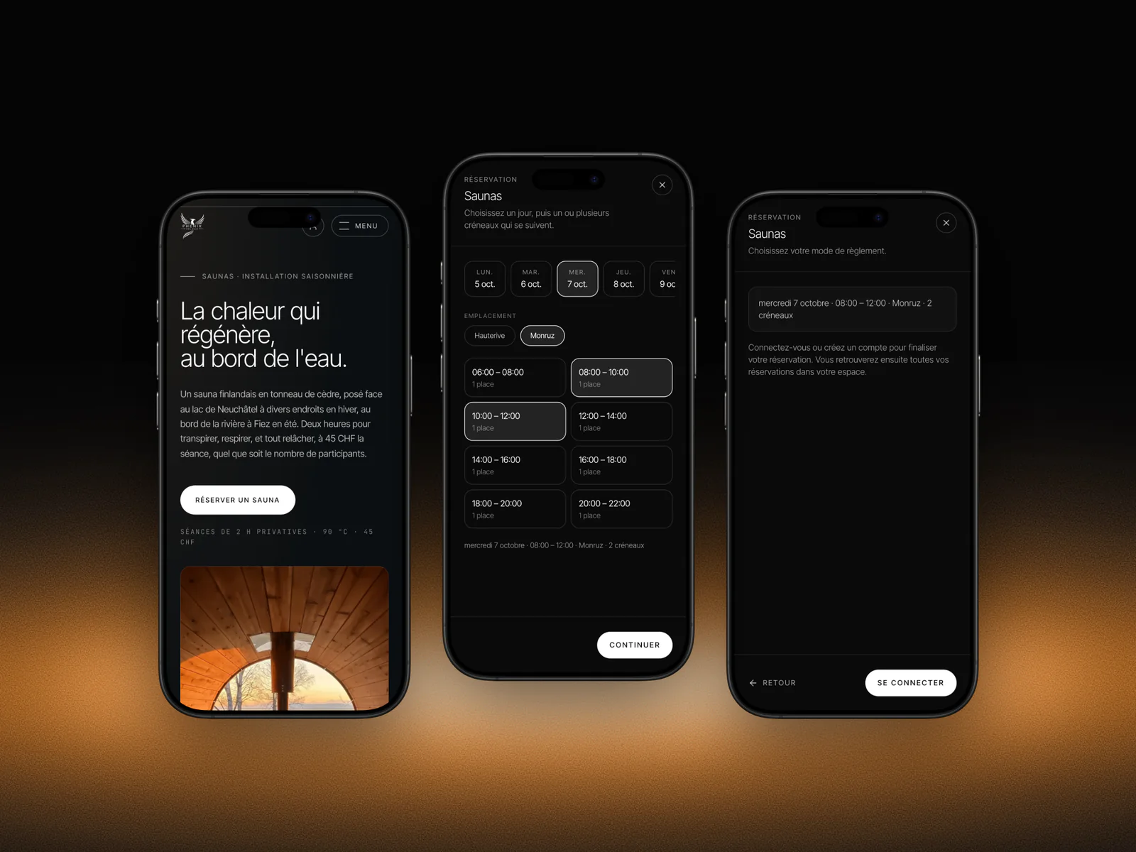 La réservation d'un sauna Phenix Reload sur iPhone : la page saunas, le choix du jour et des créneaux, puis le récapitulatif