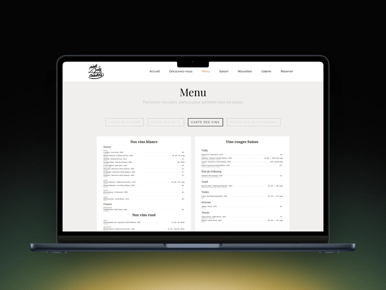 Onglet Carte des vins de La Pinte des Trois Canards sur un MacBook : vins blancs et rouges suisses par région