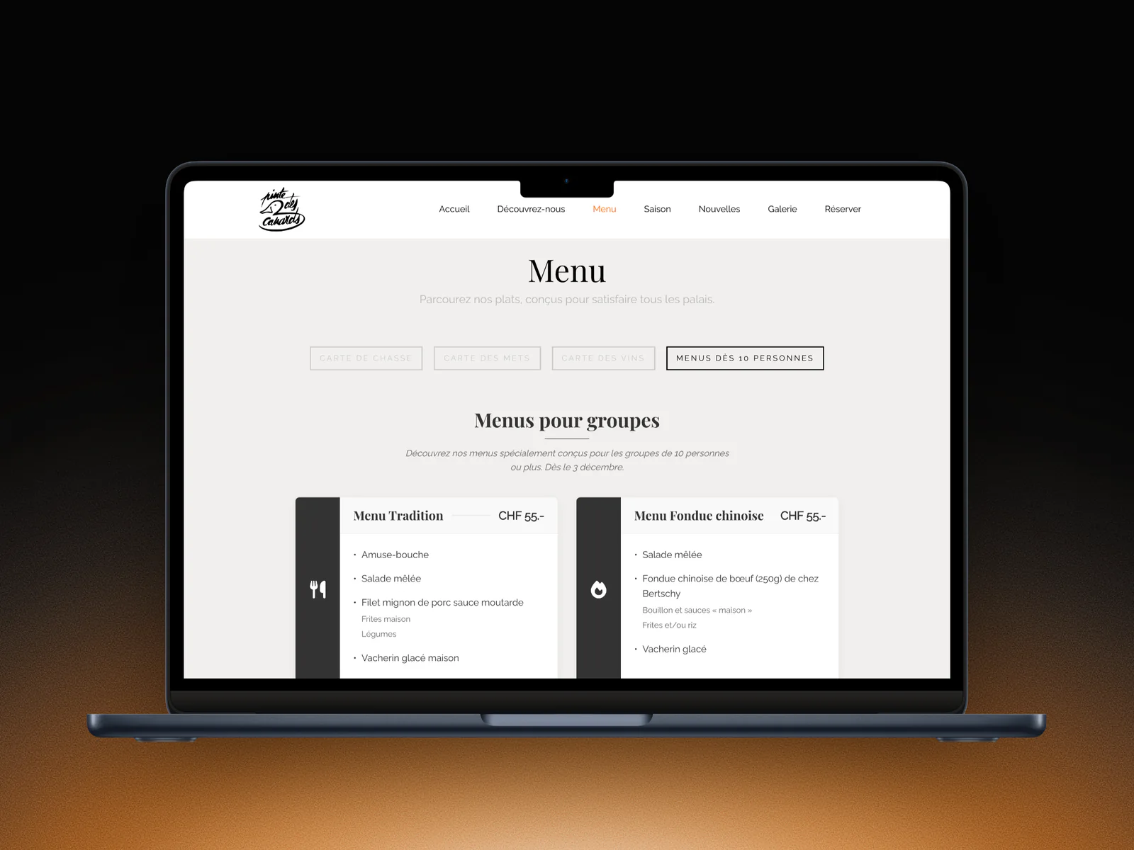 Onglet Menus dès 10 personnes de La Pinte des Trois Canards sur un MacBook, avec les menus Tradition et Fondue chinoise