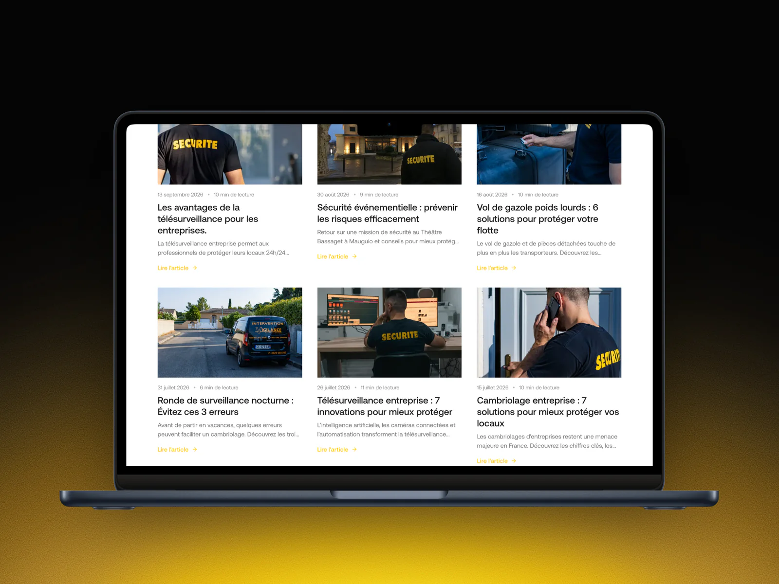 Page Nos actualités de Vigilance sur un MacBook : articles sur la télésurveillance, les rondes et la sécurité des chantiers