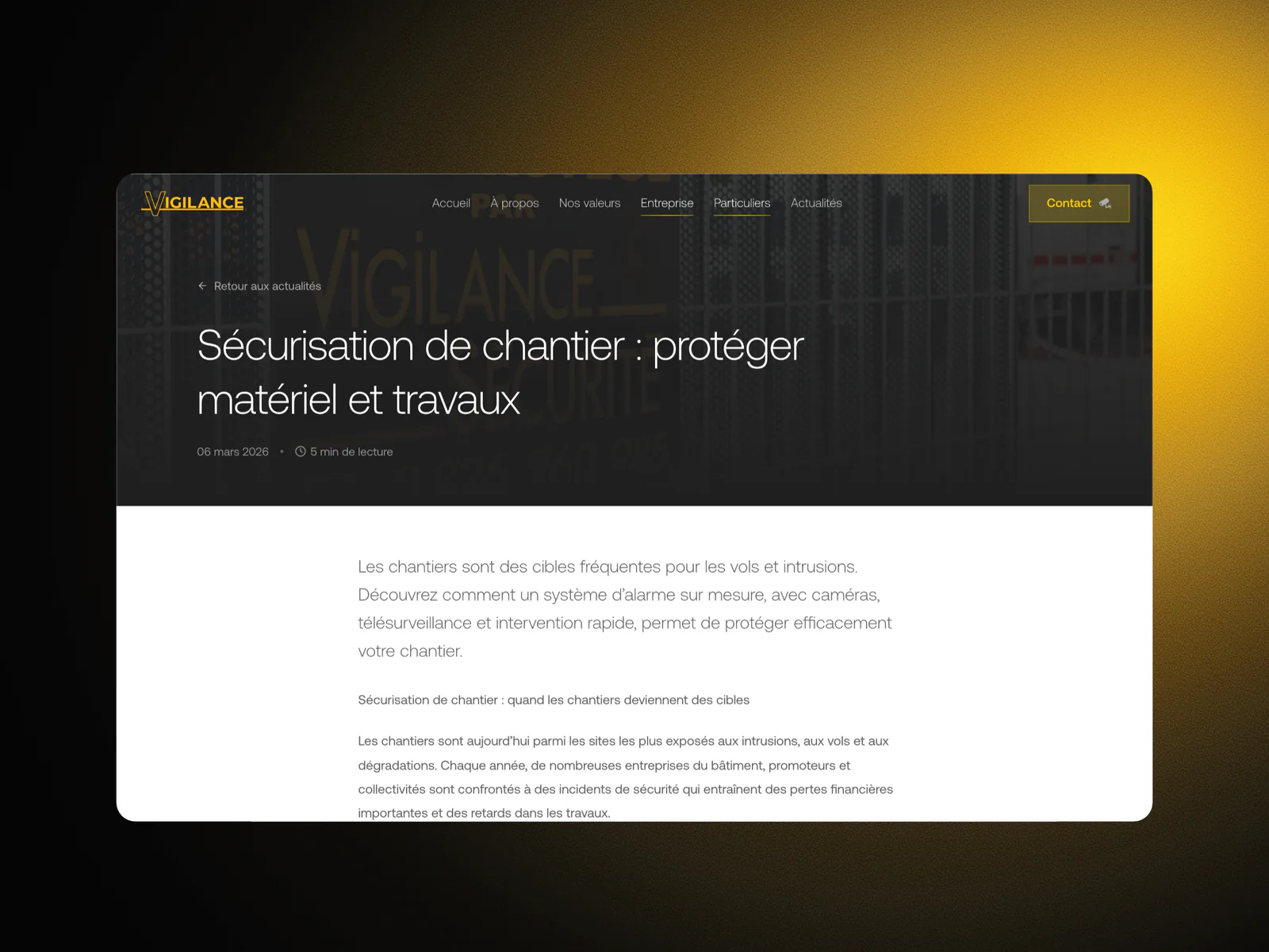 Article Sécurisation de chantier : protéger matériel et travaux, sur le blog de Vigilance