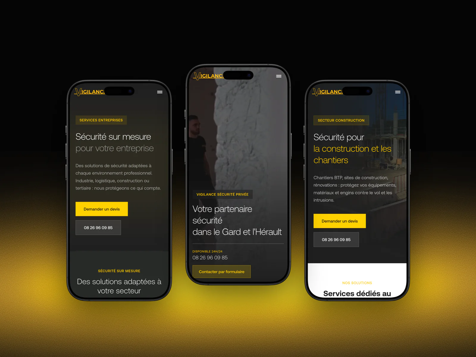 Trois pages du site Vigilance sur iPhone : les entreprises, l'accueil et les chantiers